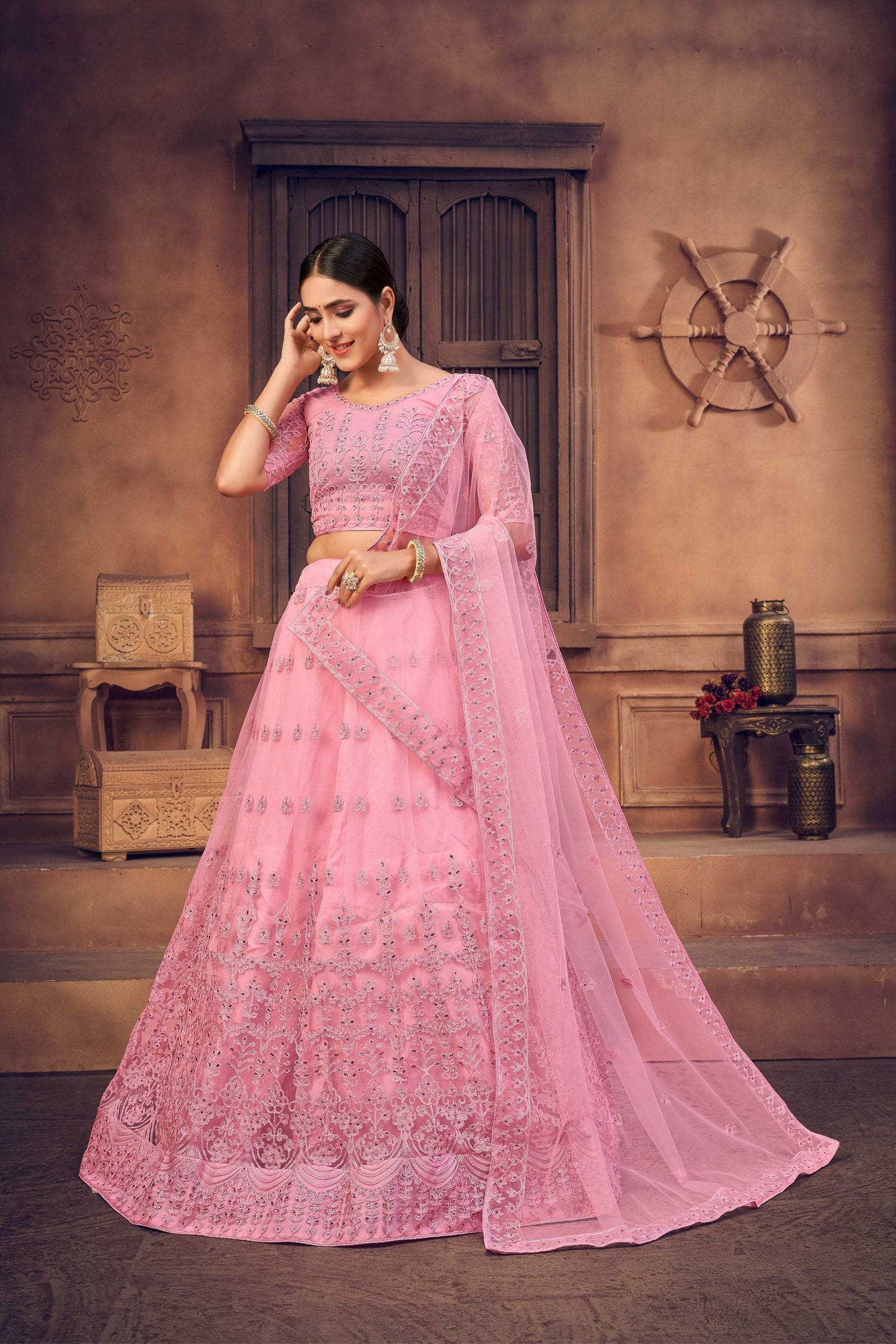 Jyoti Fashion Women's Baby Pink Net Thread Embroidered Designer Lehenga Choli Set | Swadesiicart