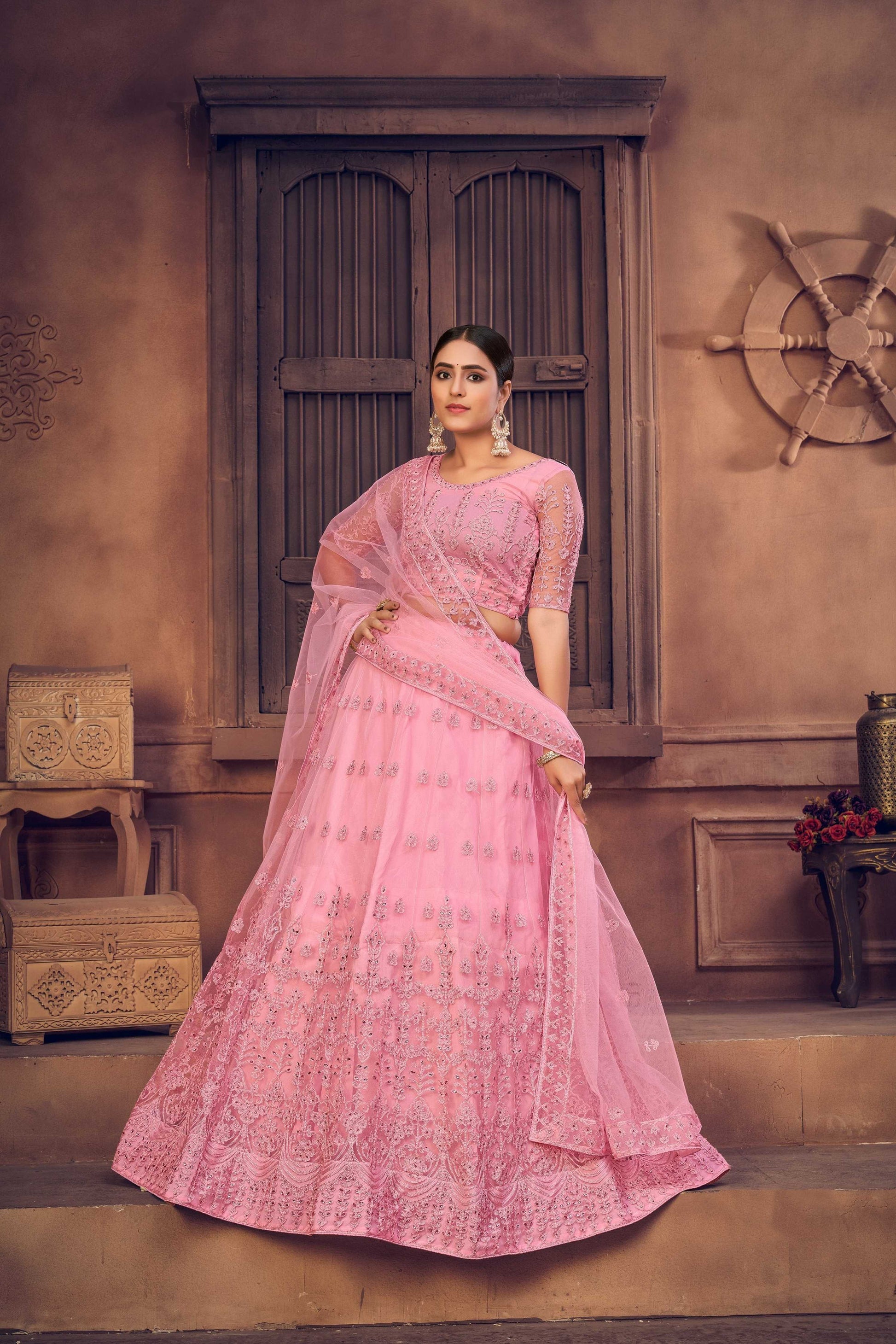Jyoti Fashion Women's Baby Pink Net Thread Embroidered Designer Lehenga Choli Set | Swadesiicart