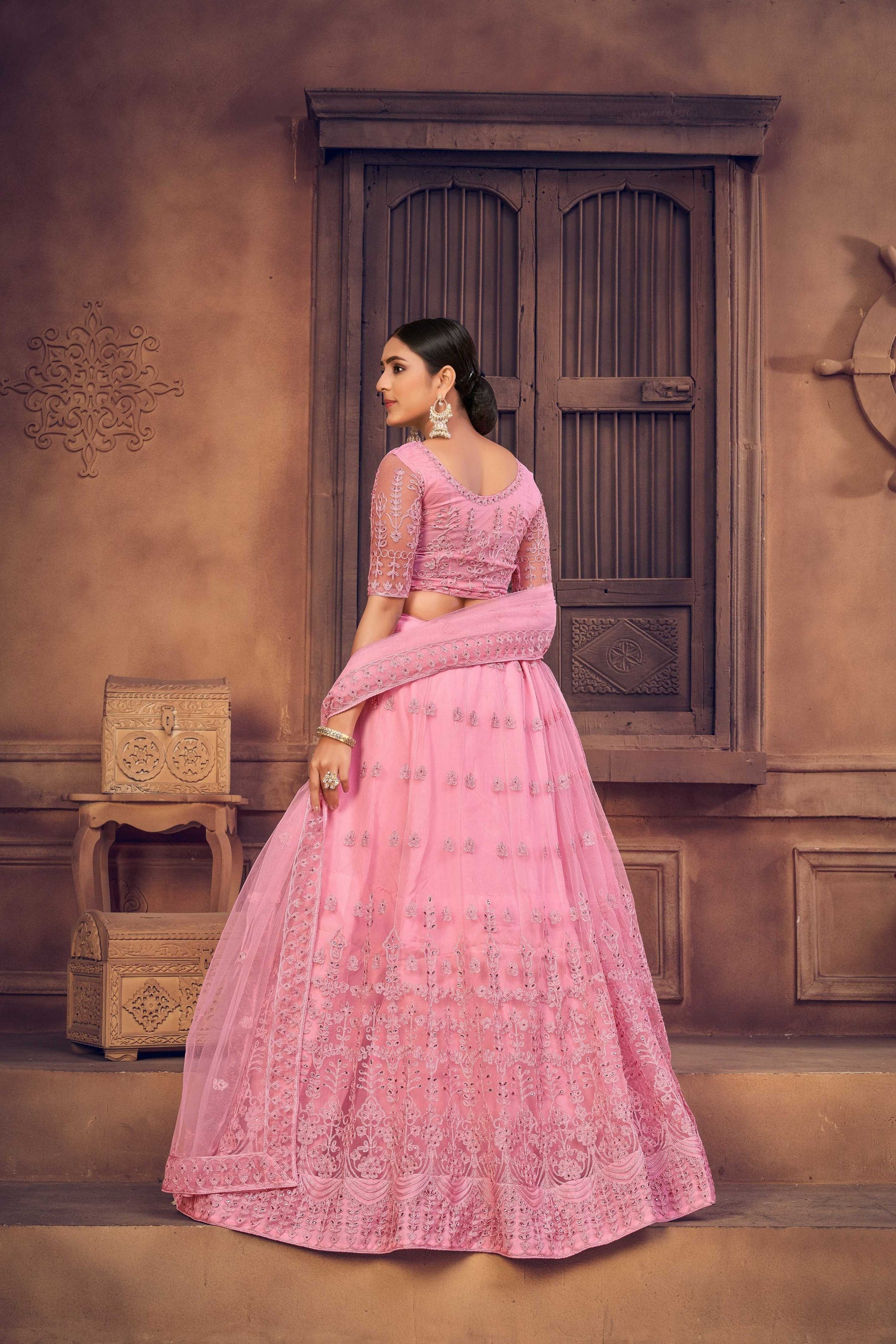 Jyoti Fashion Women's Baby Pink Net Thread Embroidered Designer Lehenga Choli Set | Swadesiicart