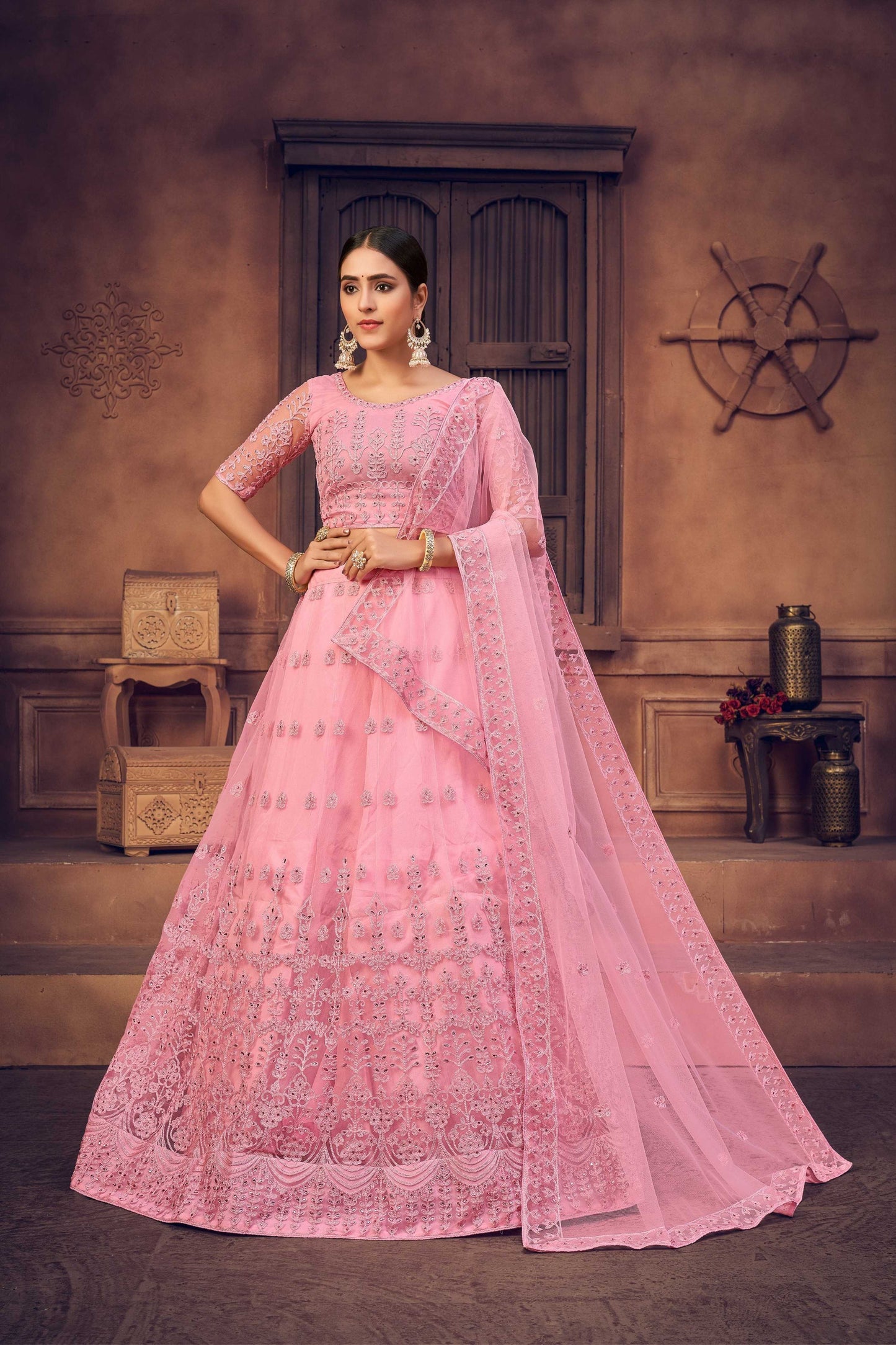 Jyoti Fashion Women's Baby Pink Net Thread Embroidered Designer Lehenga Choli Set | Swadesiicart