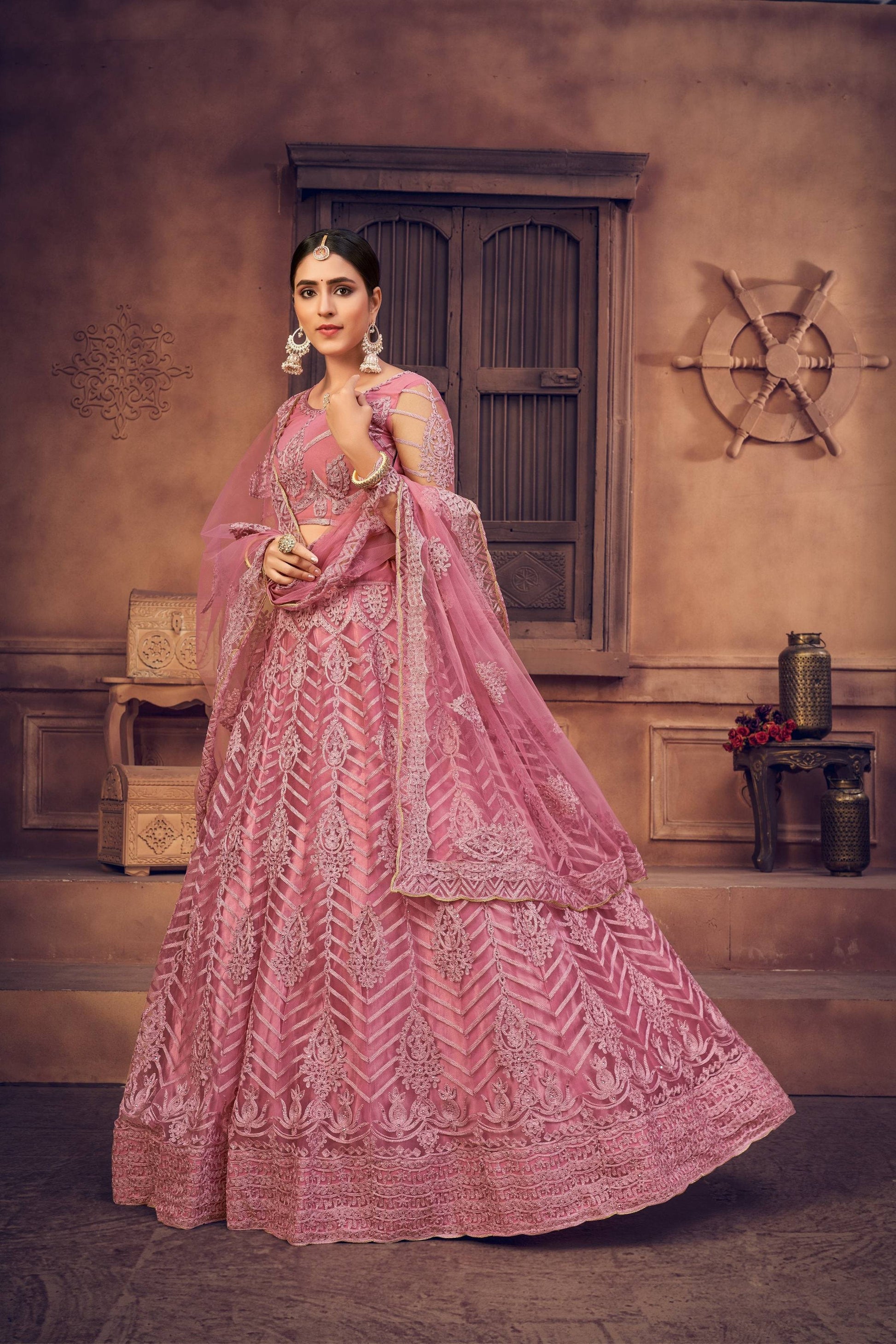 Jyoti Fashion Women's Dusty Pink Net Thread Embroidered Designer Lehenga Choli Set | Swadesiicart