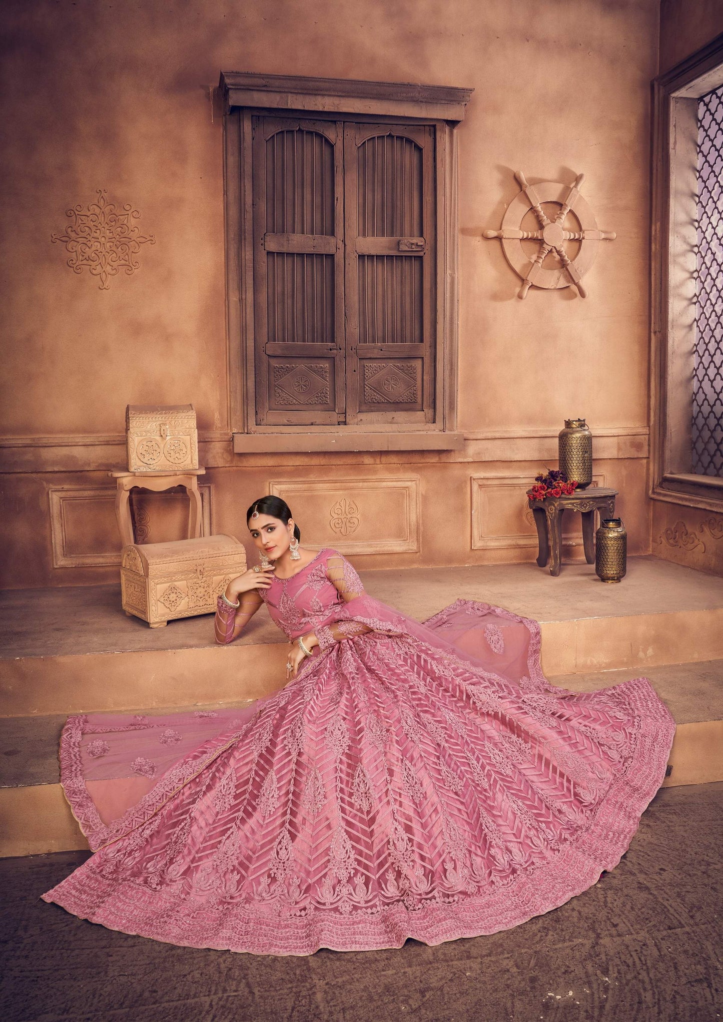 Jyoti Fashion Women's Dusty Pink Net Thread Embroidered Designer Lehenga Choli Set | Swadesiicart