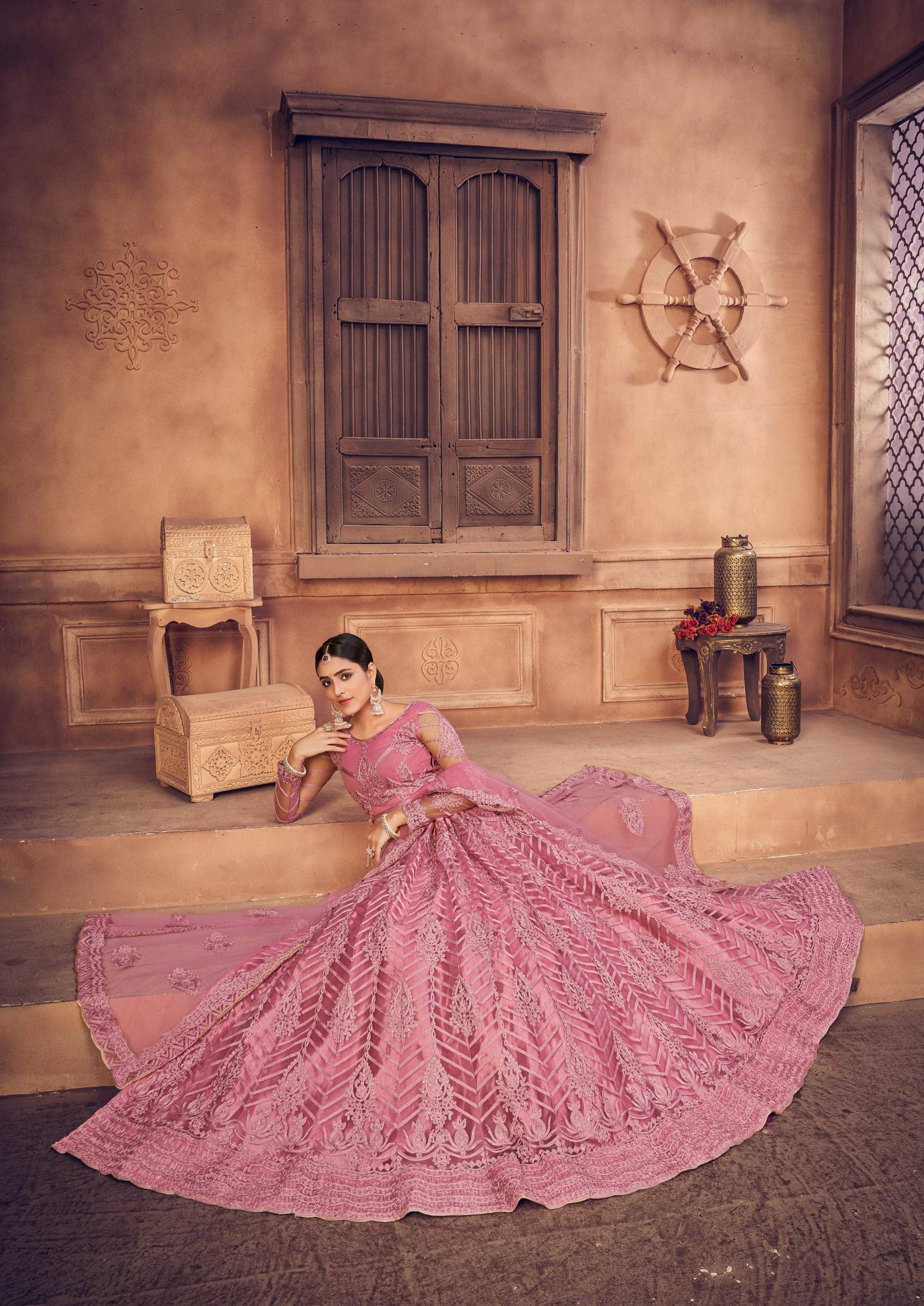 Jyoti Fashion Women's Dusty Pink Net Thread Embroidered Designer Lehenga Choli Set | Swadesiicart