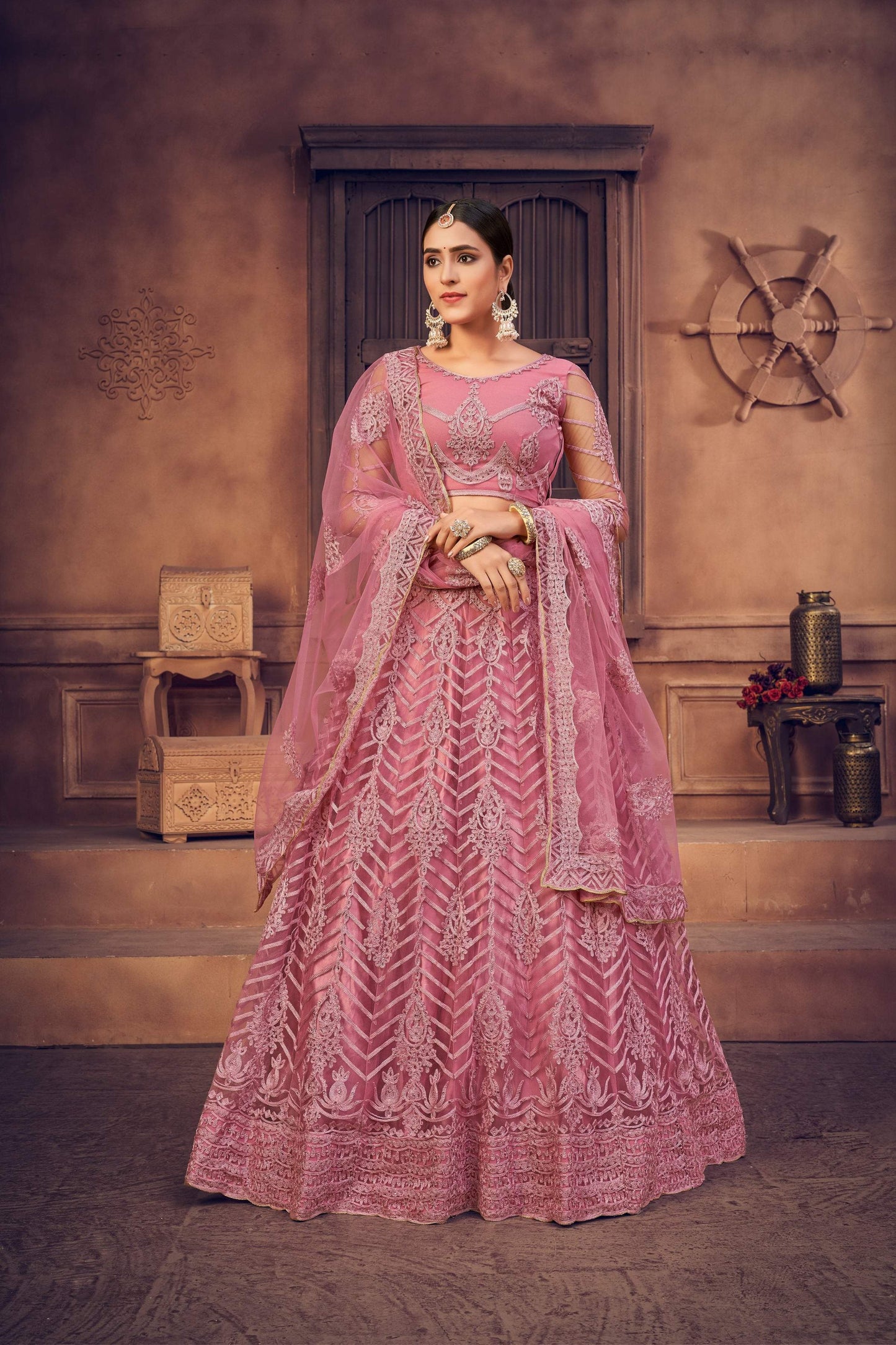 Jyoti Fashion Women's Dusty Pink Net Thread Embroidered Designer Lehenga Choli Set | Swadesiicart