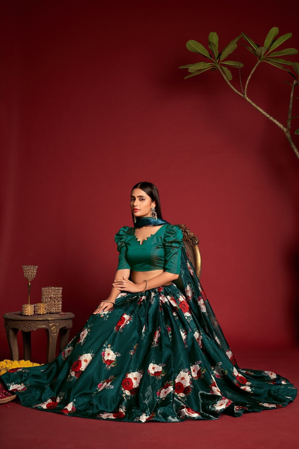 Jyoti Fashion Women's Teal Banglory Silk Floral Printed Designer Lehenga Choli Set | Swadesiicart