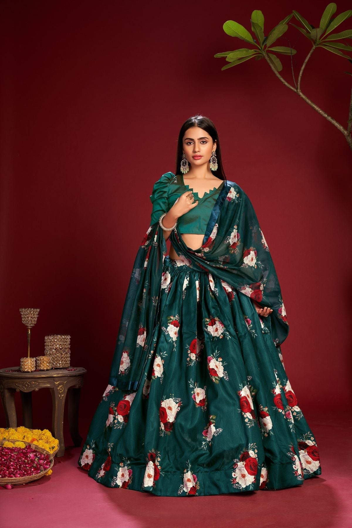 Jyoti Fashion Women's Teal Banglory Silk Floral Printed Designer Lehenga Choli Set | Swadesiicart