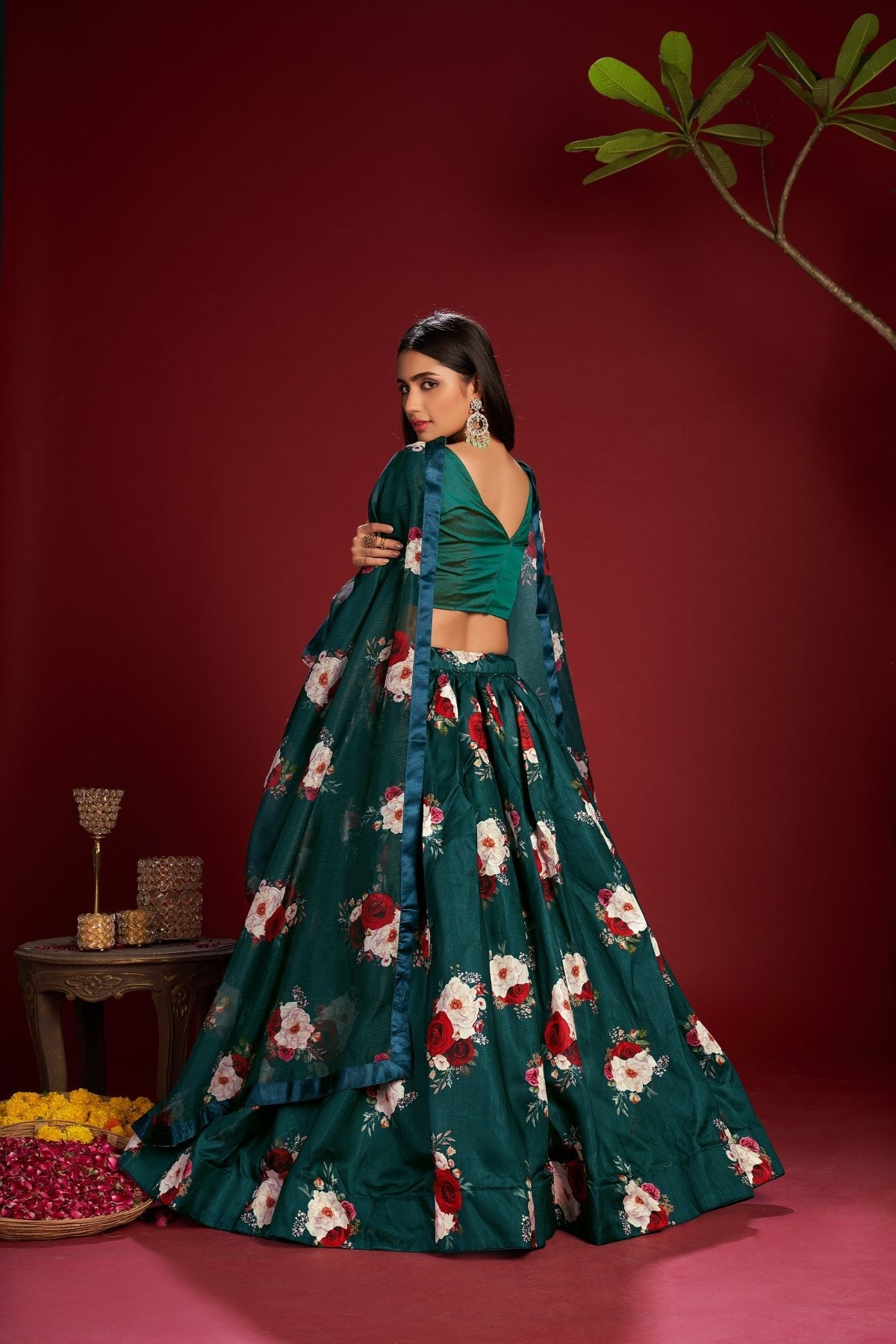 Jyoti Fashion Women's Teal Banglory Silk Floral Printed Designer Lehenga Choli Set | Swadesiicart