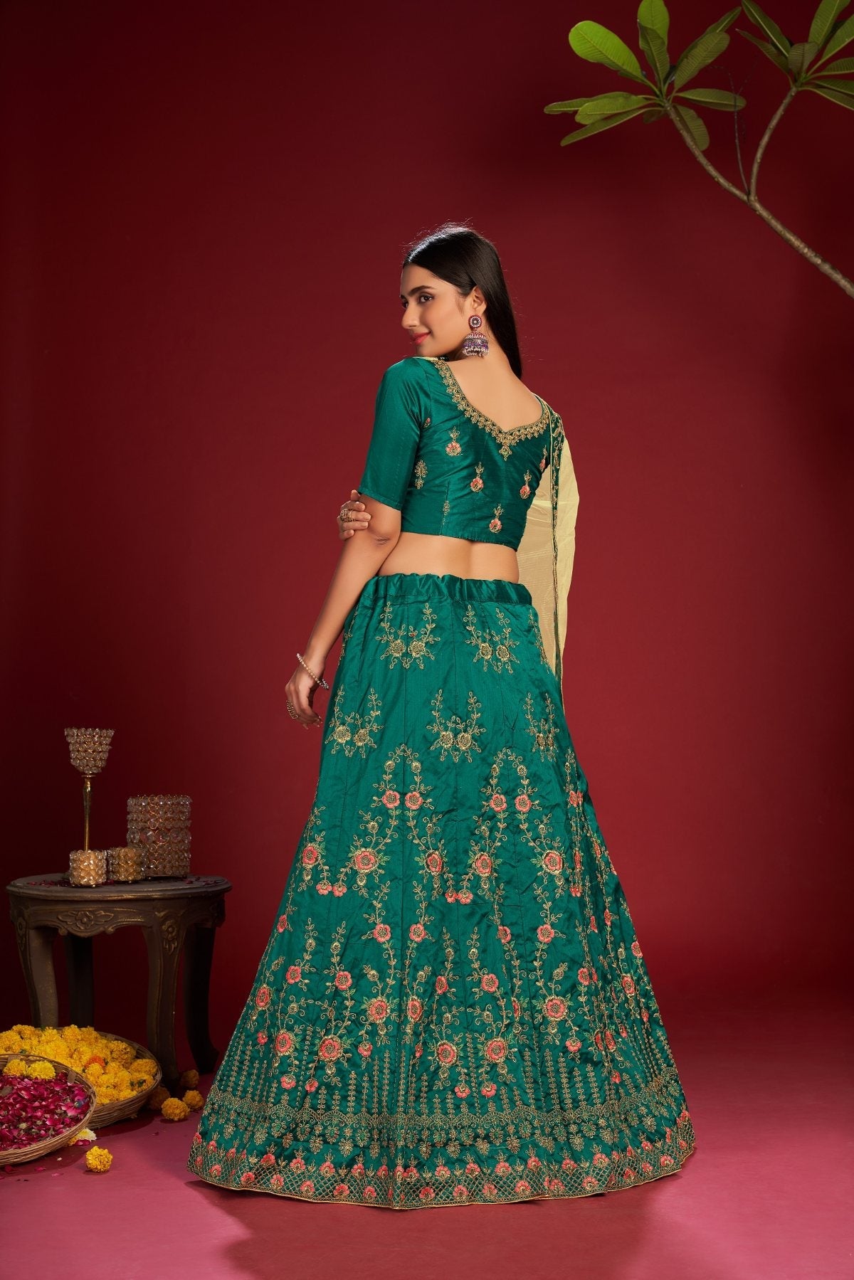Jyoti Fashion Women's Dark Green Taffeta Silk Thread Embroidered Designer Lehenga Choli Set | Swadesiicart
