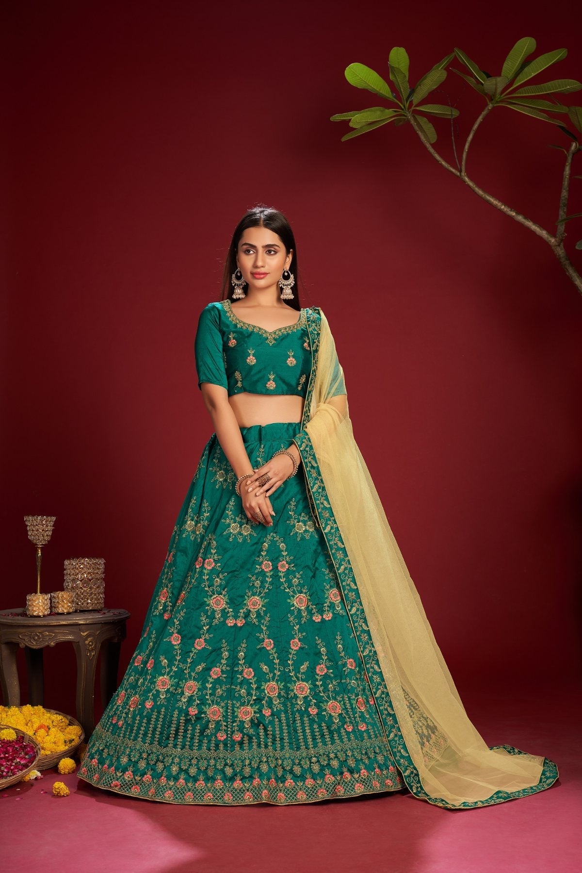 Jyoti Fashion Women's Dark Green Taffeta Silk Thread Embroidered Designer Lehenga Choli Set | Swadesiicart