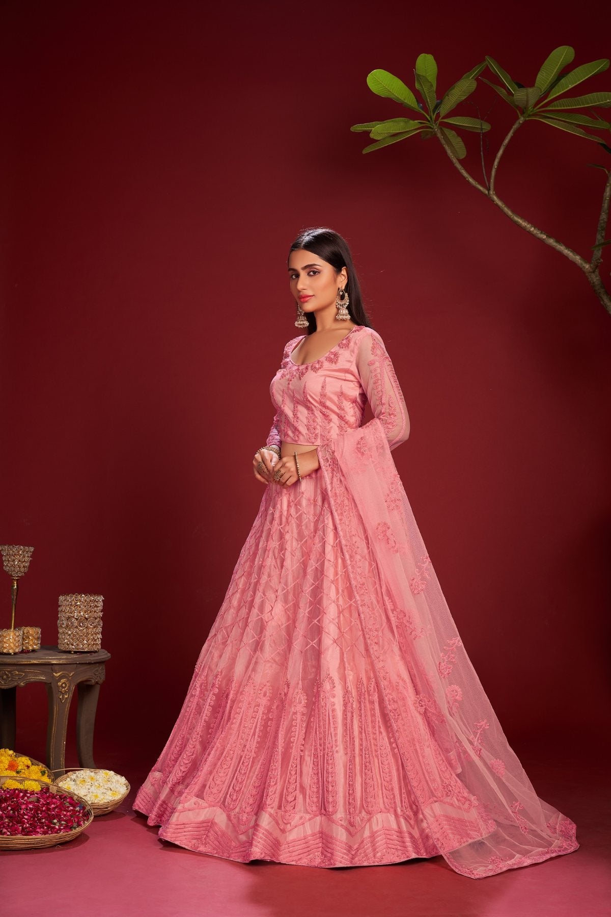 Jyoti Fashion Women's Pink Net Thread Embroidered Designer Lehenga Choli Set | Swadesiicart