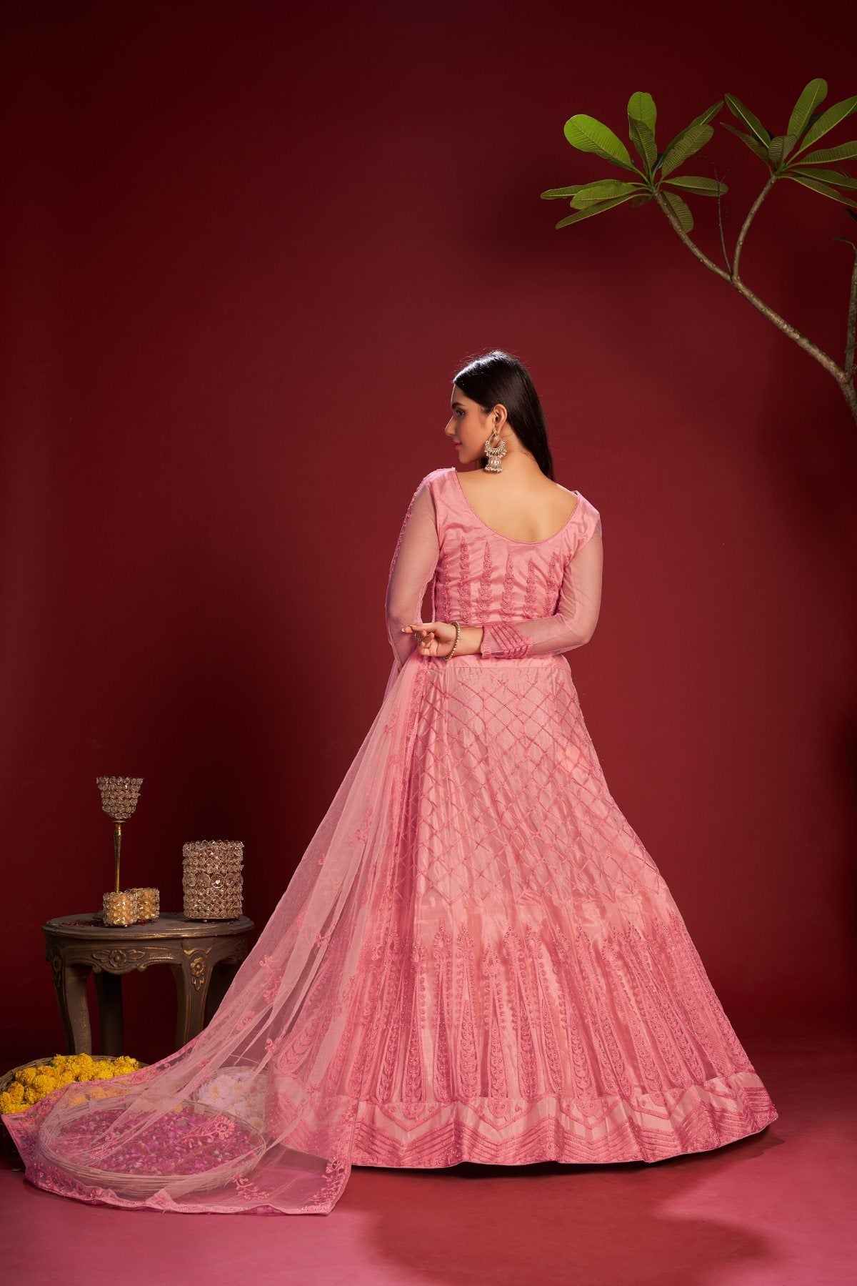 Jyoti Fashion Women's Pink Net Thread Embroidered Designer Lehenga Choli Set | Swadesiicart