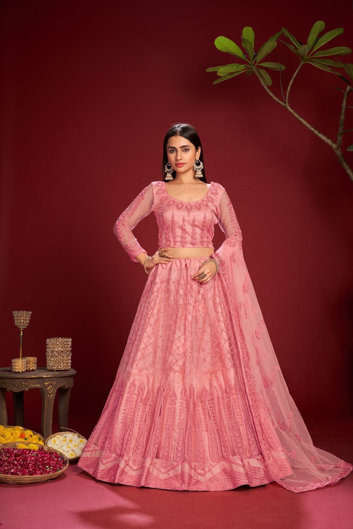 Jyoti Fashion Women's Pink Net Thread Embroidered Designer Lehenga Choli Set | Swadesiicart