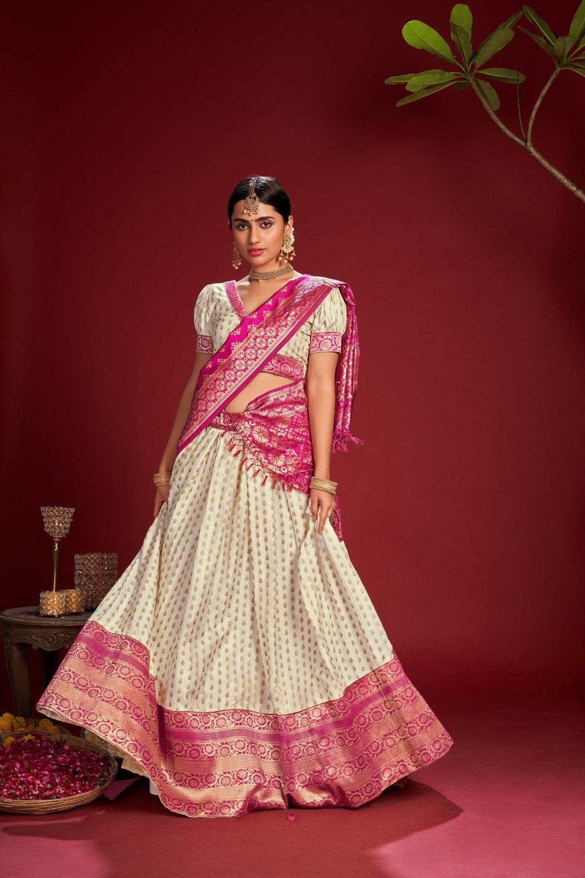 Jyoti Fashion Women's White Jacquard Zari Woven Designer Lehenga Choli Set | Swadesiicart