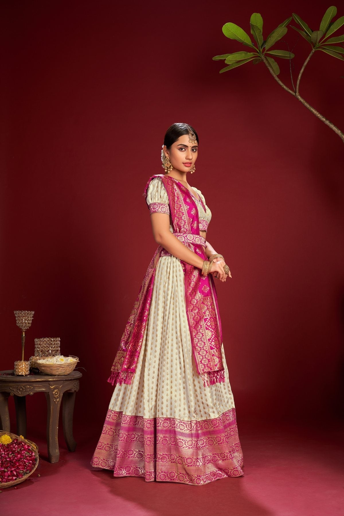 Jyoti Fashion Women's White Jacquard Zari Woven Designer Lehenga Choli Set | Swadesiicart