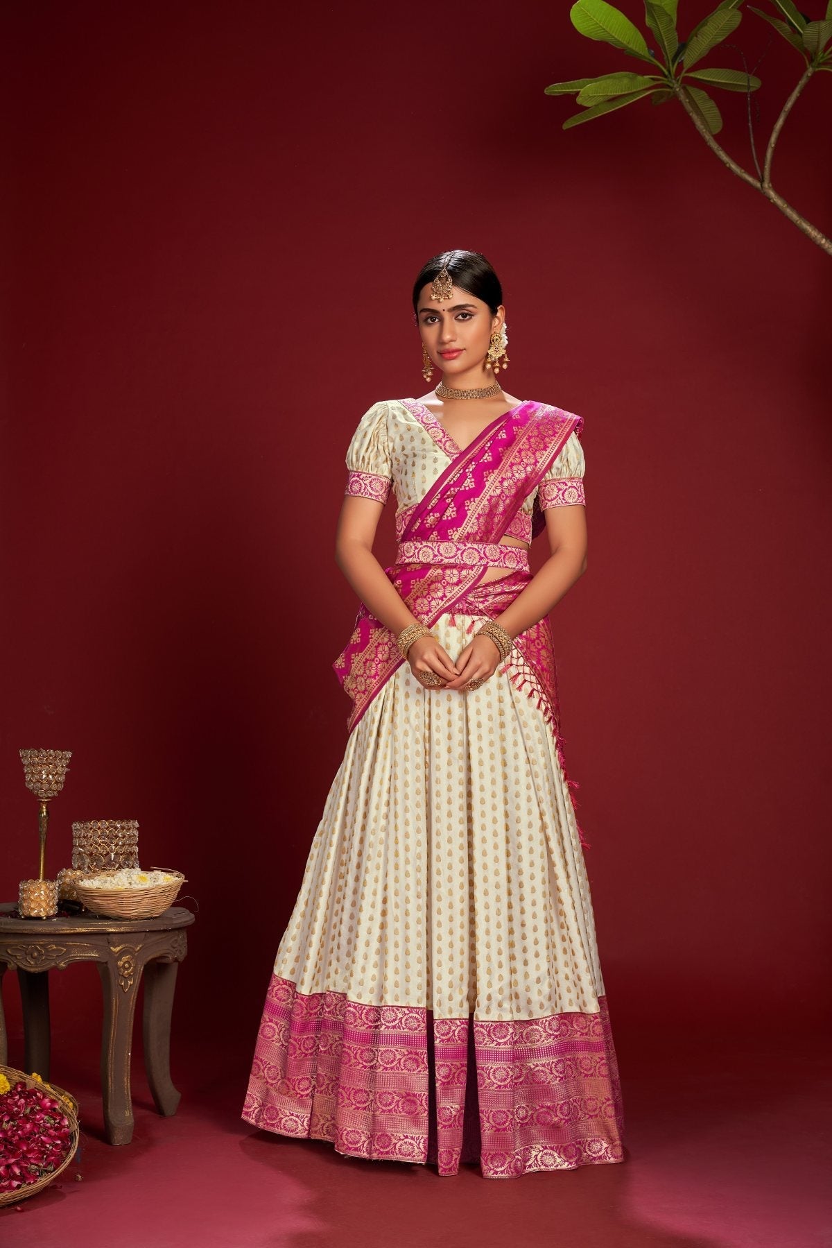 Jyoti Fashion Women's White Jacquard Zari Woven Designer Lehenga Choli Set | Swadesiicart