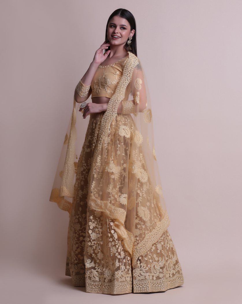 Jyoti Fashion Women's Cream Net Thread Embroidered Designer Lehenga Choli Set | Swadesiicart