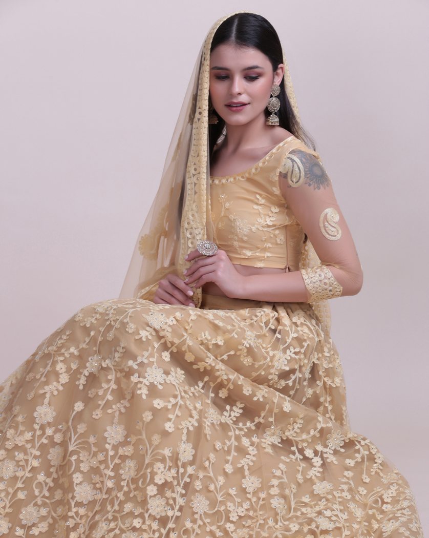 Jyoti Fashion Women's Cream Net Thread Embroidered Designer Lehenga Choli Set | Swadesiicart