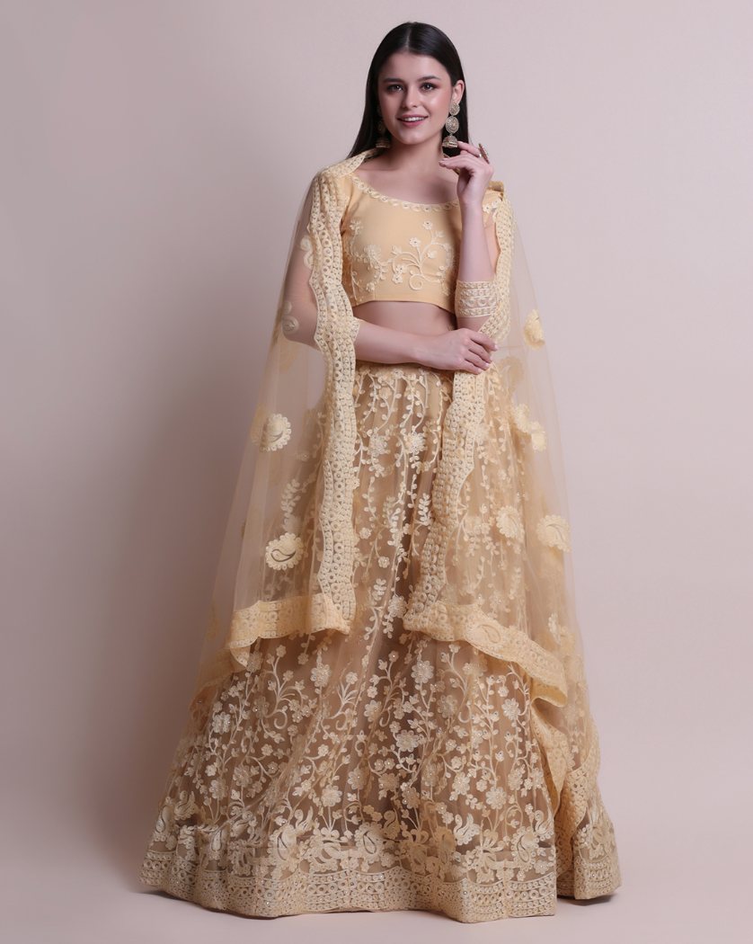 Jyoti Fashion Women's Cream Net Thread Embroidered Designer Lehenga Choli Set | Swadesiicart