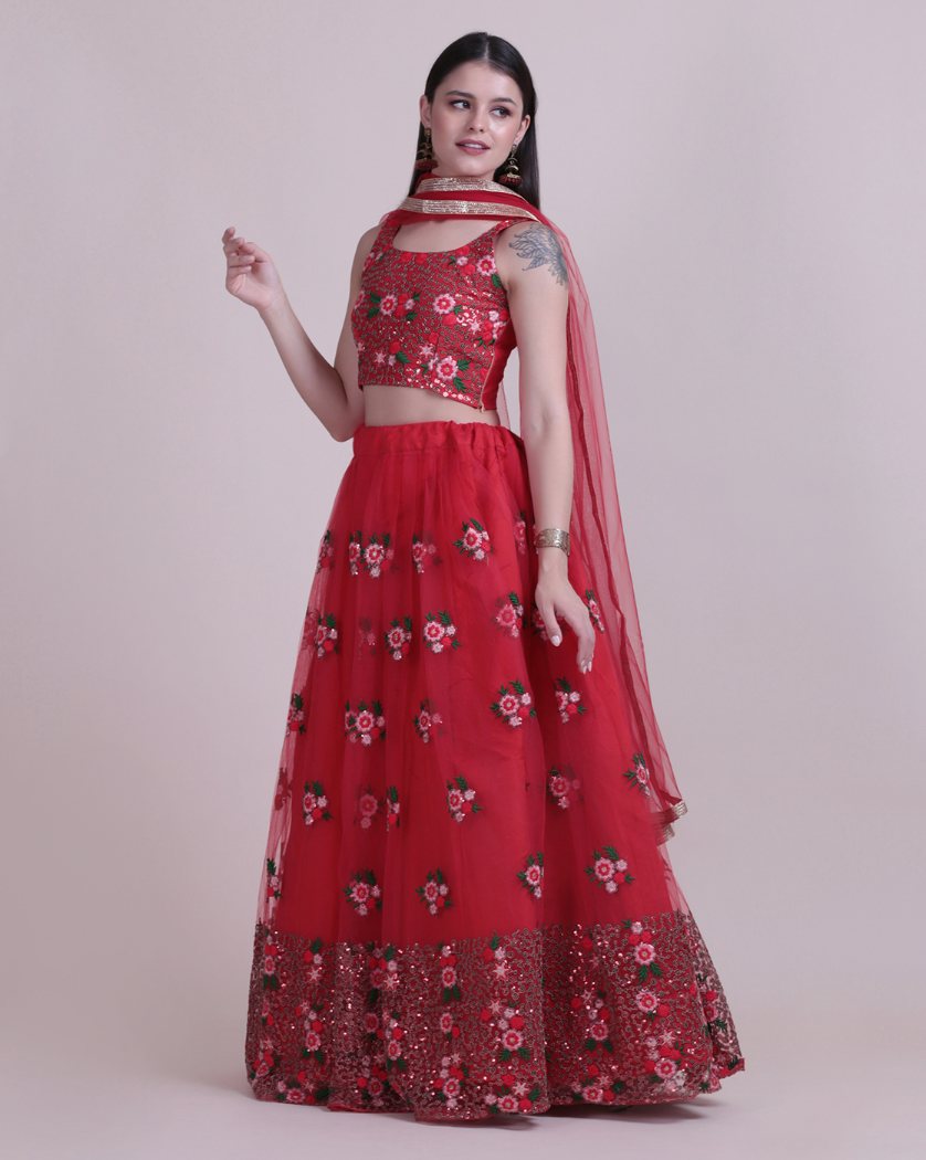 Jyoti Fashion Women's Red Net Thread Embroidered Designer Lehenga Choli Set | Swadesiicart