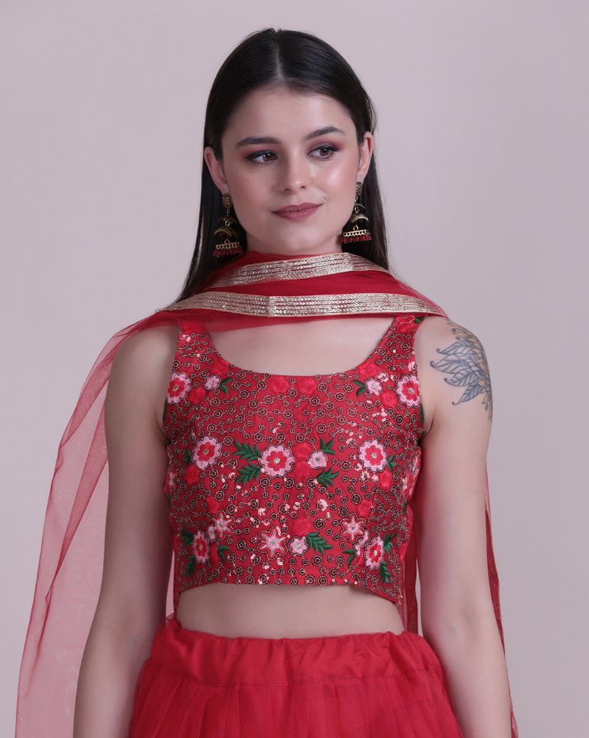 Jyoti Fashion Women's Red Net Thread Embroidered Designer Lehenga Choli Set | Swadesiicart