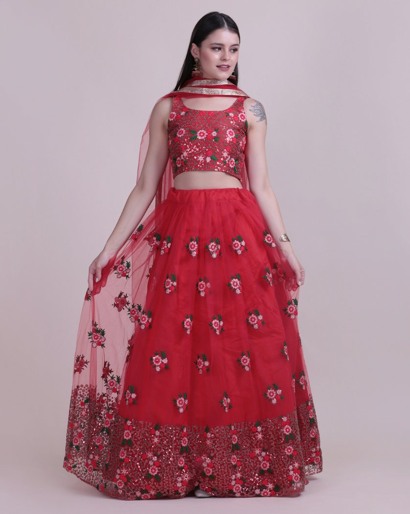 Jyoti Fashion Women's Red Net Thread Embroidered Designer Lehenga Choli Set | Swadesiicart