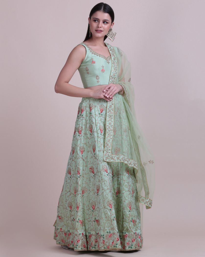 Jyoti Fashion Women's Sea Green Taffeta Silk Thread Embroidered Designer Lehenga Choli Set | Swadesiicart