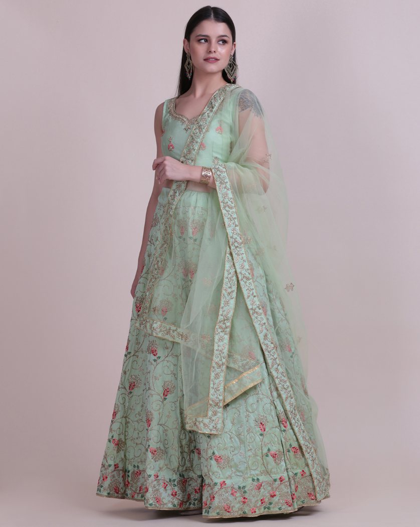 Jyoti Fashion Women's Sea Green Taffeta Silk Thread Embroidered Designer Lehenga Choli Set | Swadesiicart