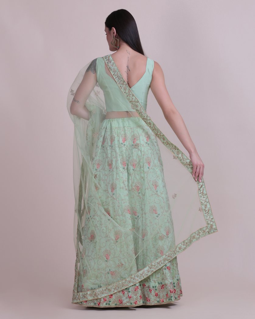 Jyoti Fashion Women's Sea Green Taffeta Silk Thread Embroidered Designer Lehenga Choli Set | Swadesiicart