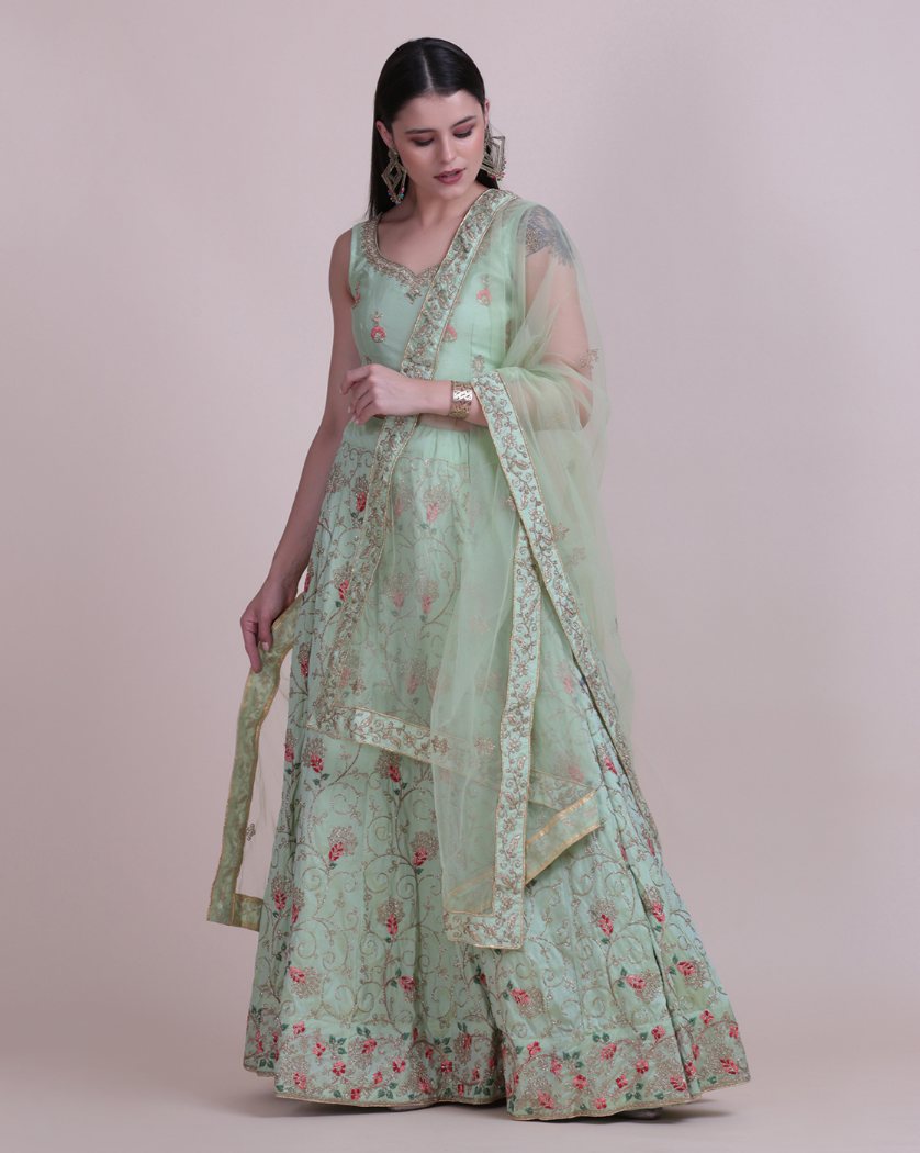 Jyoti Fashion Women's Sea Green Taffeta Silk Thread Embroidered Designer Lehenga Choli Set | Swadesiicart