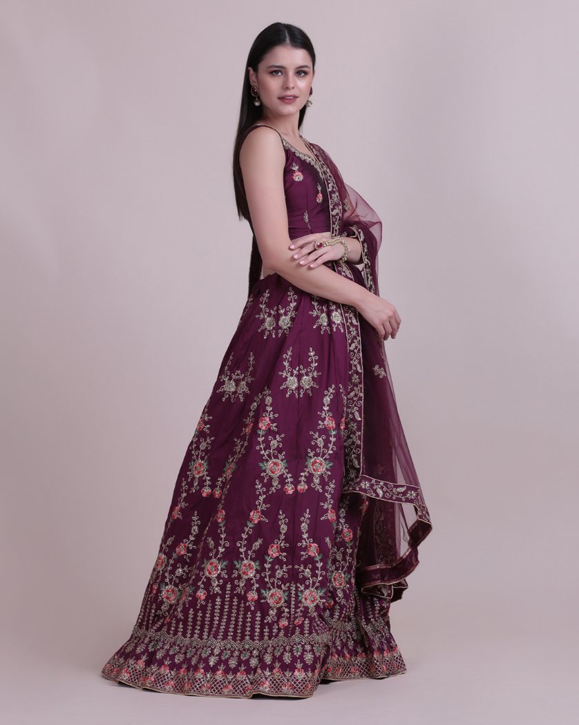 Jyoti Fashion Women's Wine Taffeta Silk Thread Embroidered Designer Lehenga Choli Set | Swadesiicart