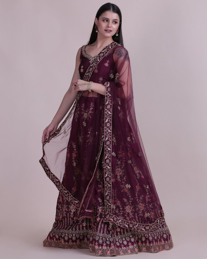 Jyoti Fashion Women's Wine Taffeta Silk Thread Embroidered Designer Lehenga Choli Set | Swadesiicart