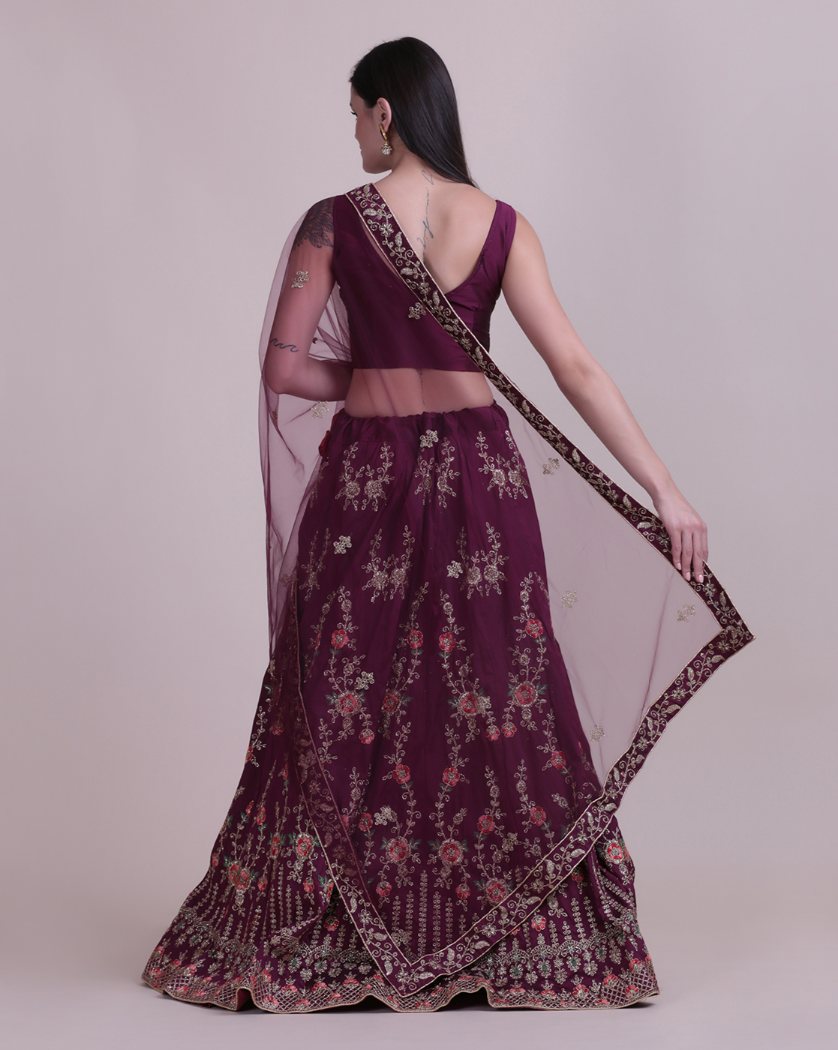 Jyoti Fashion Women's Wine Taffeta Silk Thread Embroidered Designer Lehenga Choli Set | Swadesiicart