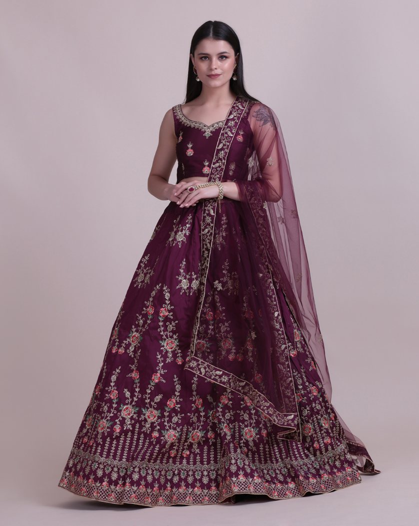 Jyoti Fashion Women's Wine Taffeta Silk Thread Embroidered Designer Lehenga Choli Set | Swadesiicart