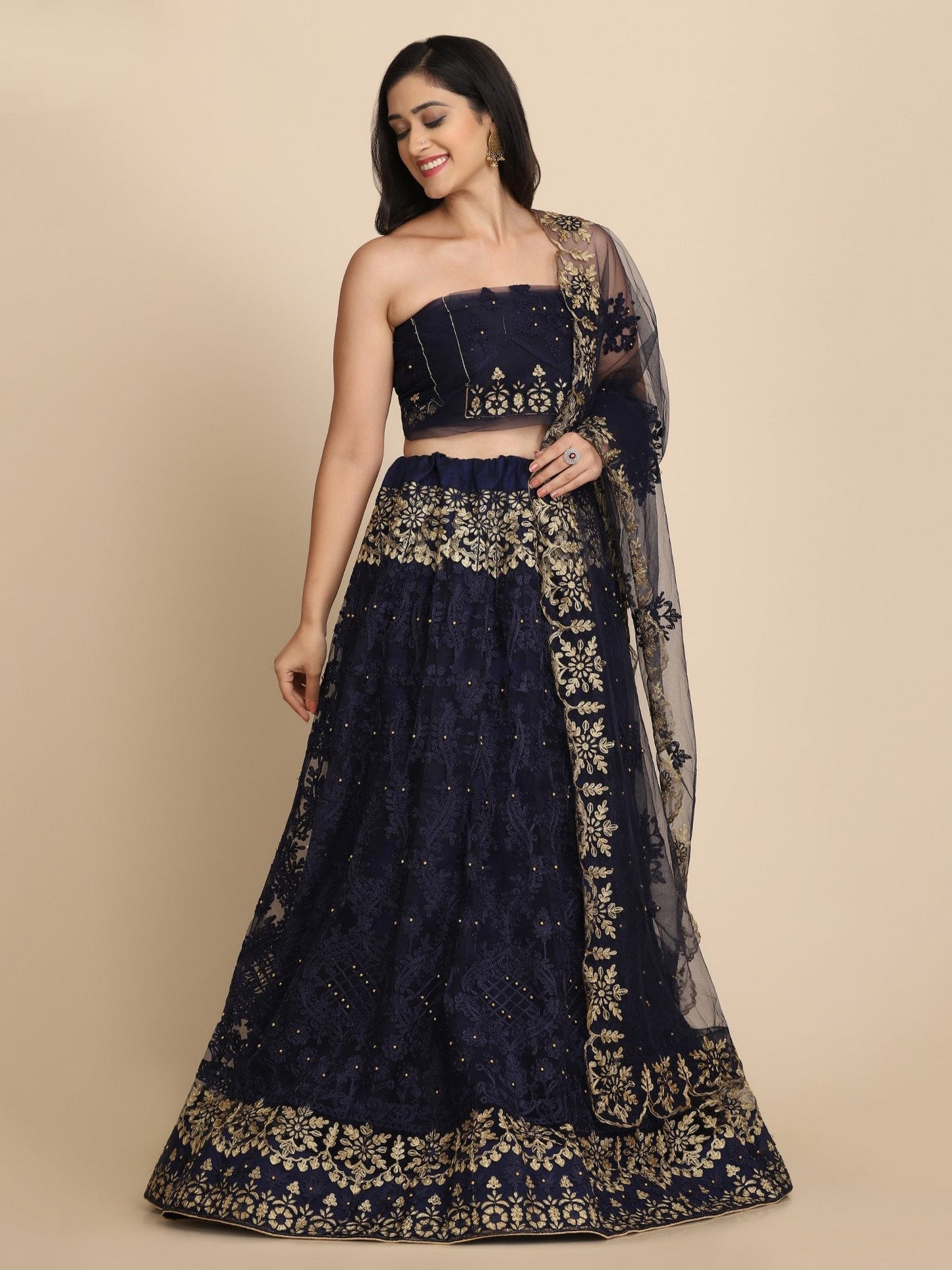 Jyoti Fashion Women's Navy Blue Net Thread Embroidered Designer Lehenga Choli Set | Swadesiicart