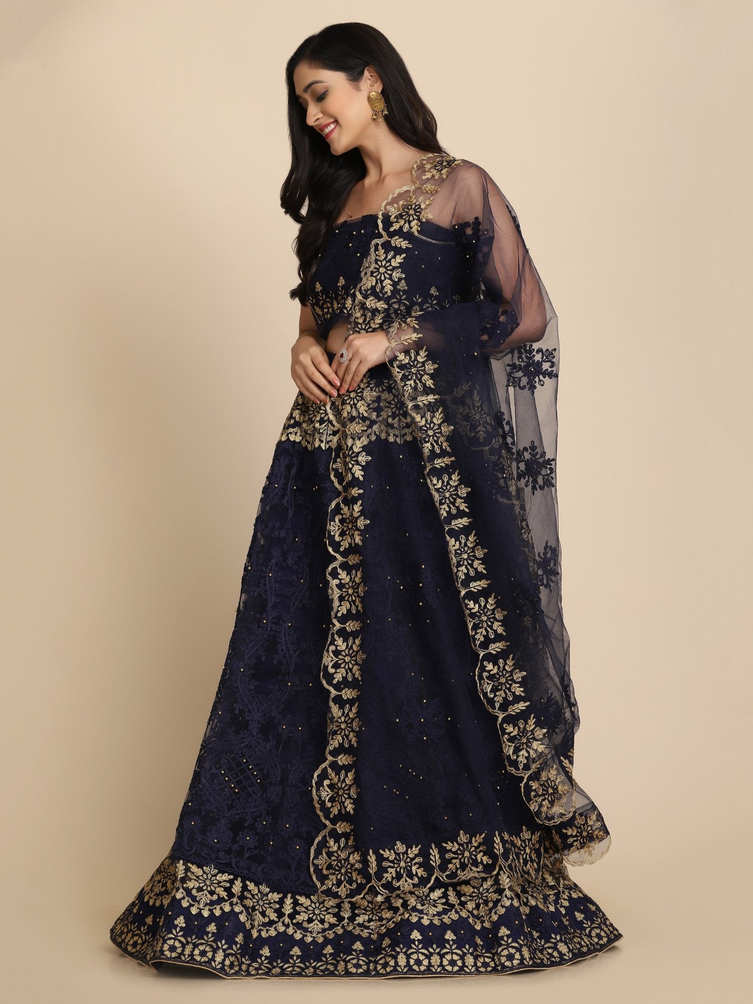 Jyoti Fashion Women's Navy Blue Net Thread Embroidered Designer Lehenga Choli Set | Swadesiicart