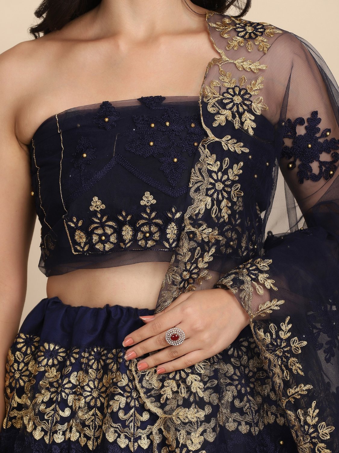 Jyoti Fashion Women's Navy Blue Net Thread Embroidered Designer Lehenga Choli Set | Swadesiicart