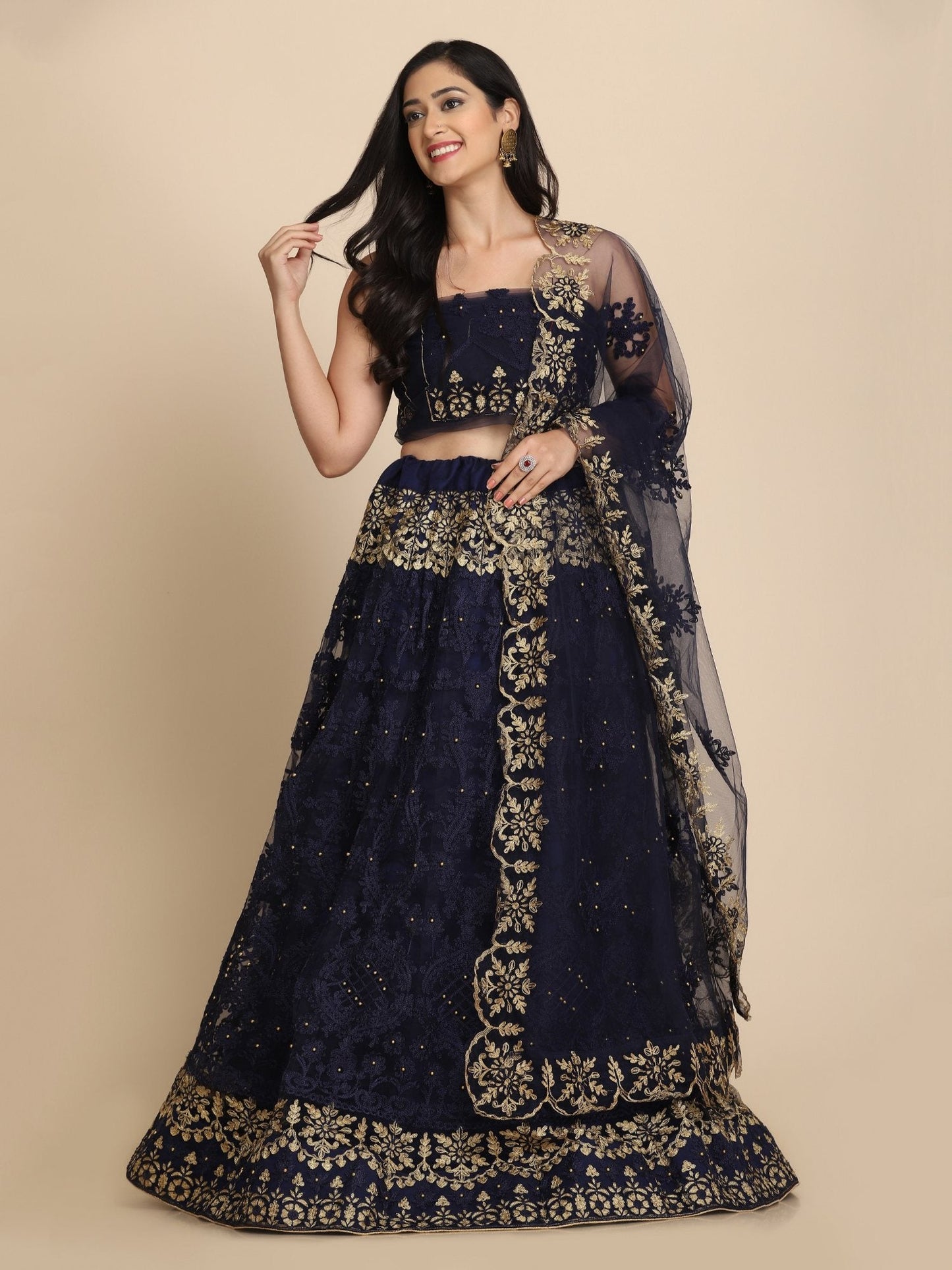 Jyoti Fashion Women's Navy Blue Net Thread Embroidered Designer Lehenga Choli Set | Swadesiicart