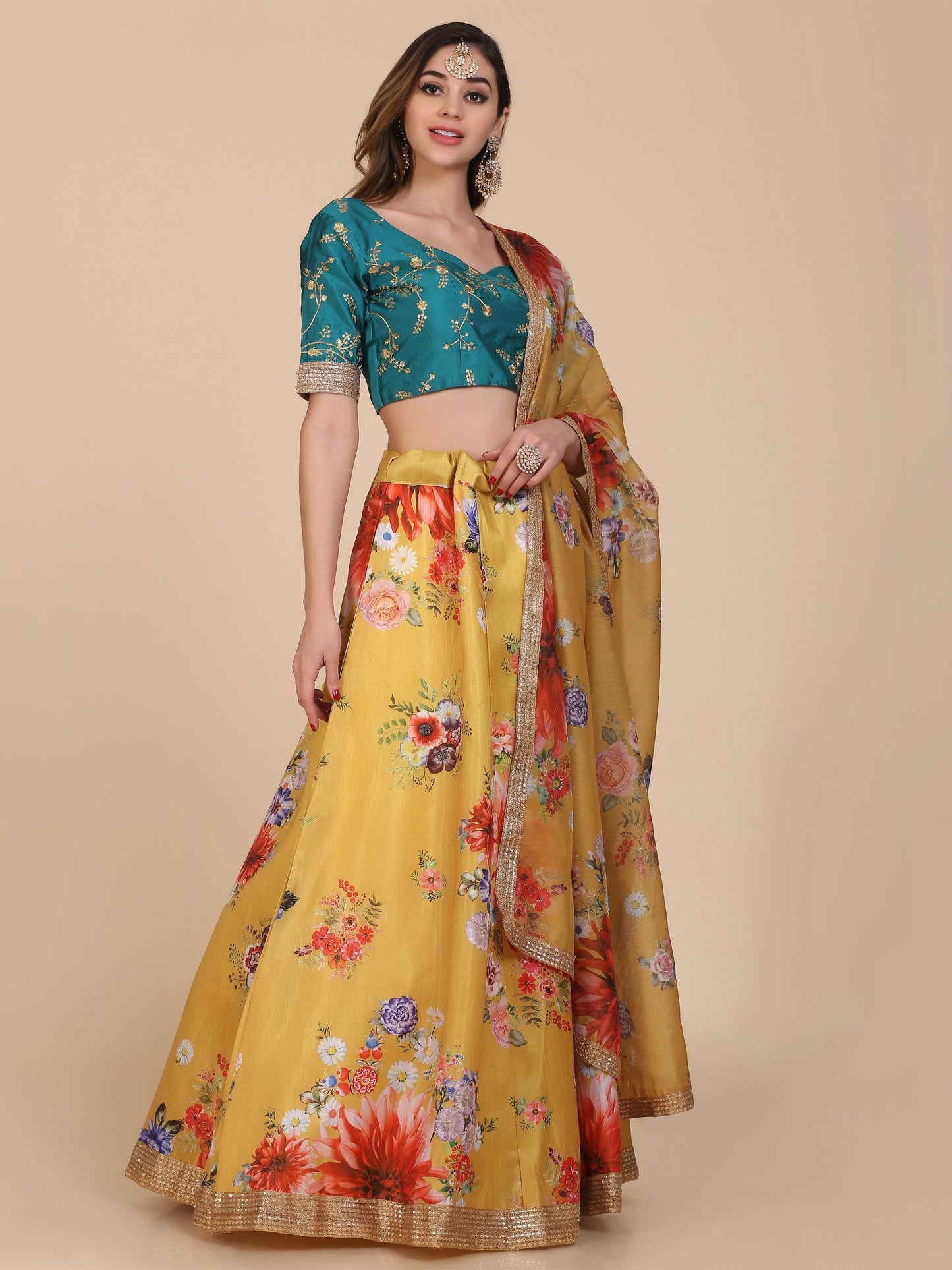 Jyoti Fashion Women's Yellow Banglory Silk Floral Printed Designer Lehenga Choli Set | Swadesiicart