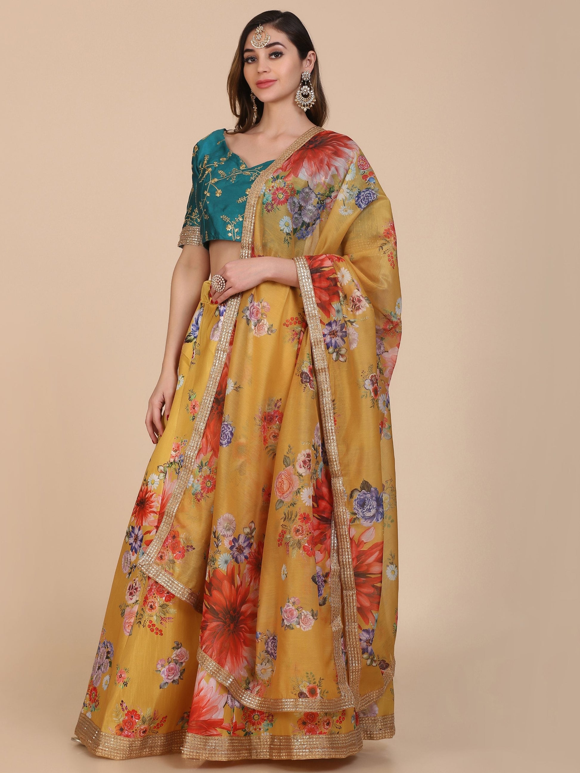 Jyoti Fashion Women's Yellow Banglory Silk Floral Printed Designer Lehenga Choli Set | Swadesiicart