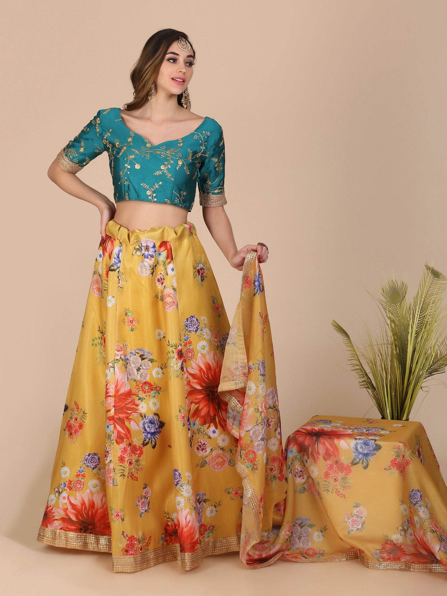 Jyoti Fashion Women's Yellow Banglory Silk Floral Printed Designer Lehenga Choli Set | Swadesiicart
