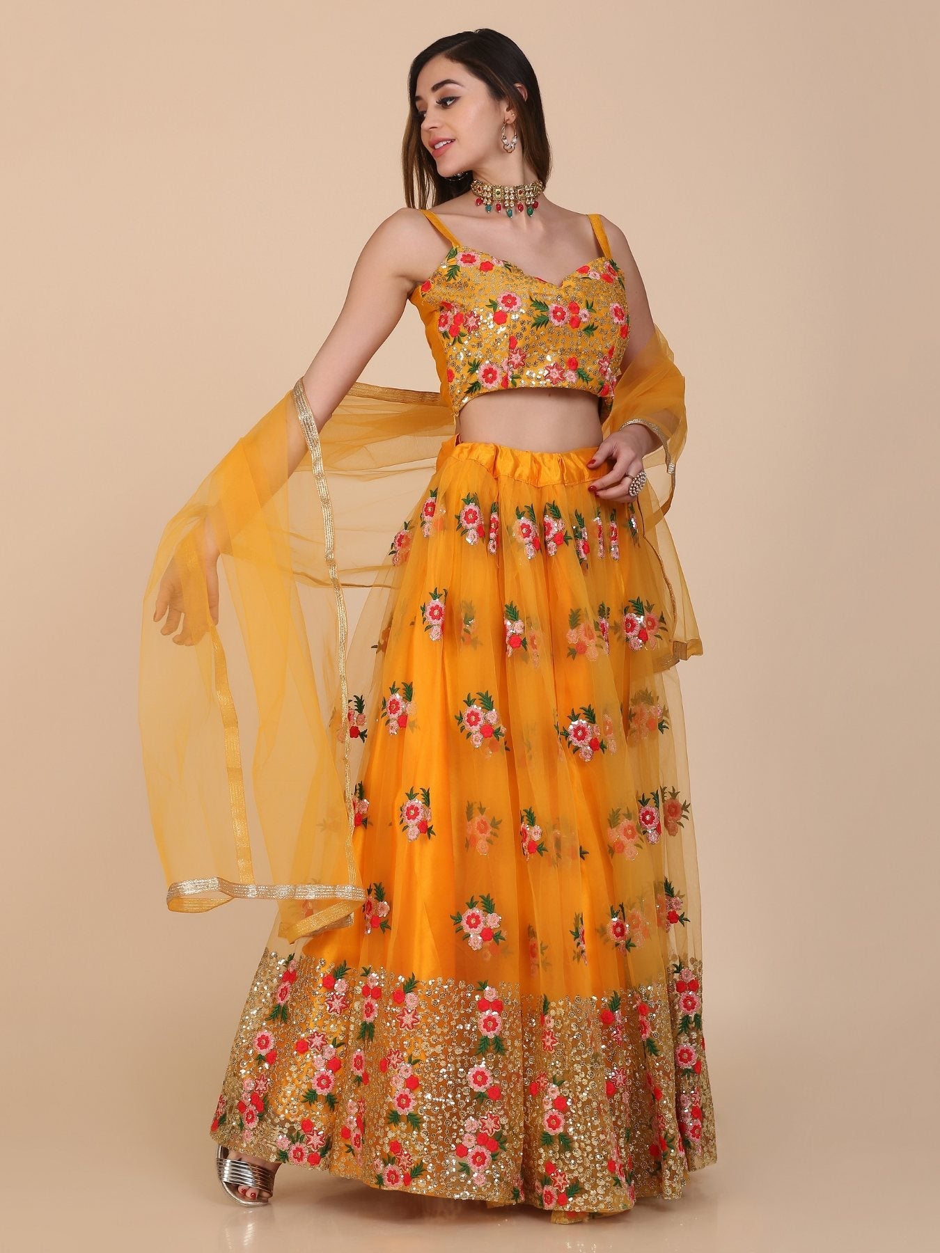 Jyoti Fashion Women's Yellow Net Thread Embroidered Designer Lehenga Choli Set | Swadesiicart