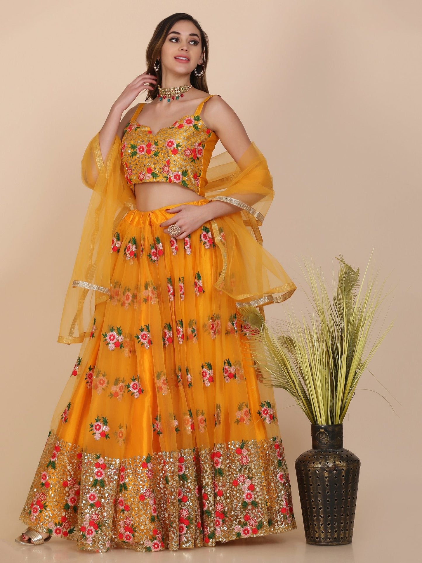 Jyoti Fashion Women's Yellow Net Thread Embroidered Designer Lehenga Choli Set | Swadesiicart