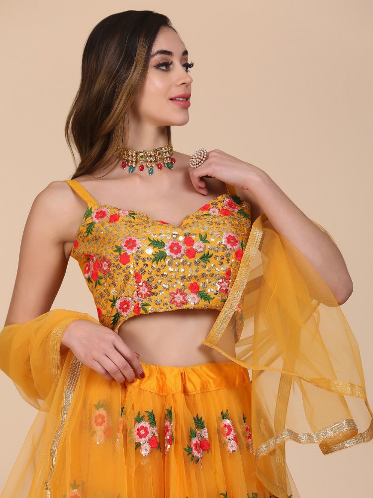 Jyoti Fashion Women's Yellow Net Thread Embroidered Designer Lehenga Choli Set | Swadesiicart