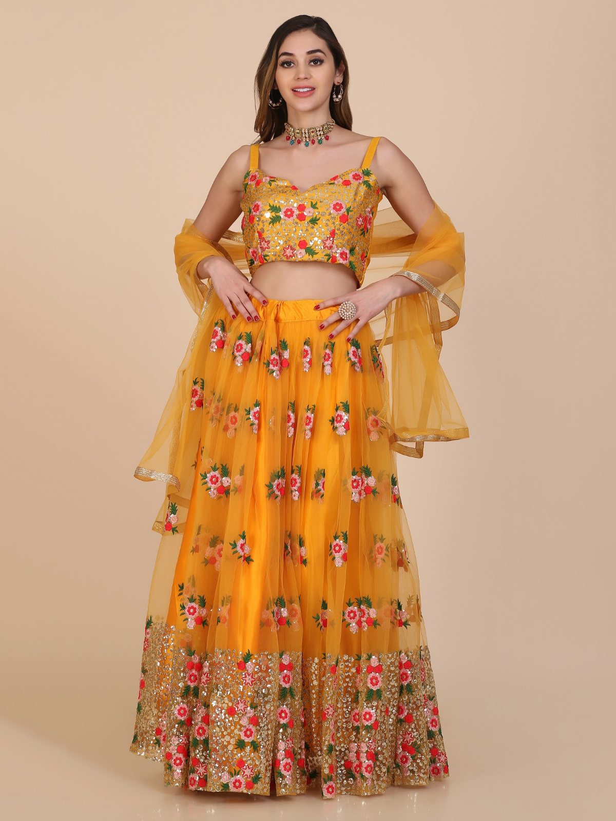 Jyoti Fashion Women's Yellow Net Thread Embroidered Designer Lehenga Choli Set | Swadesiicart