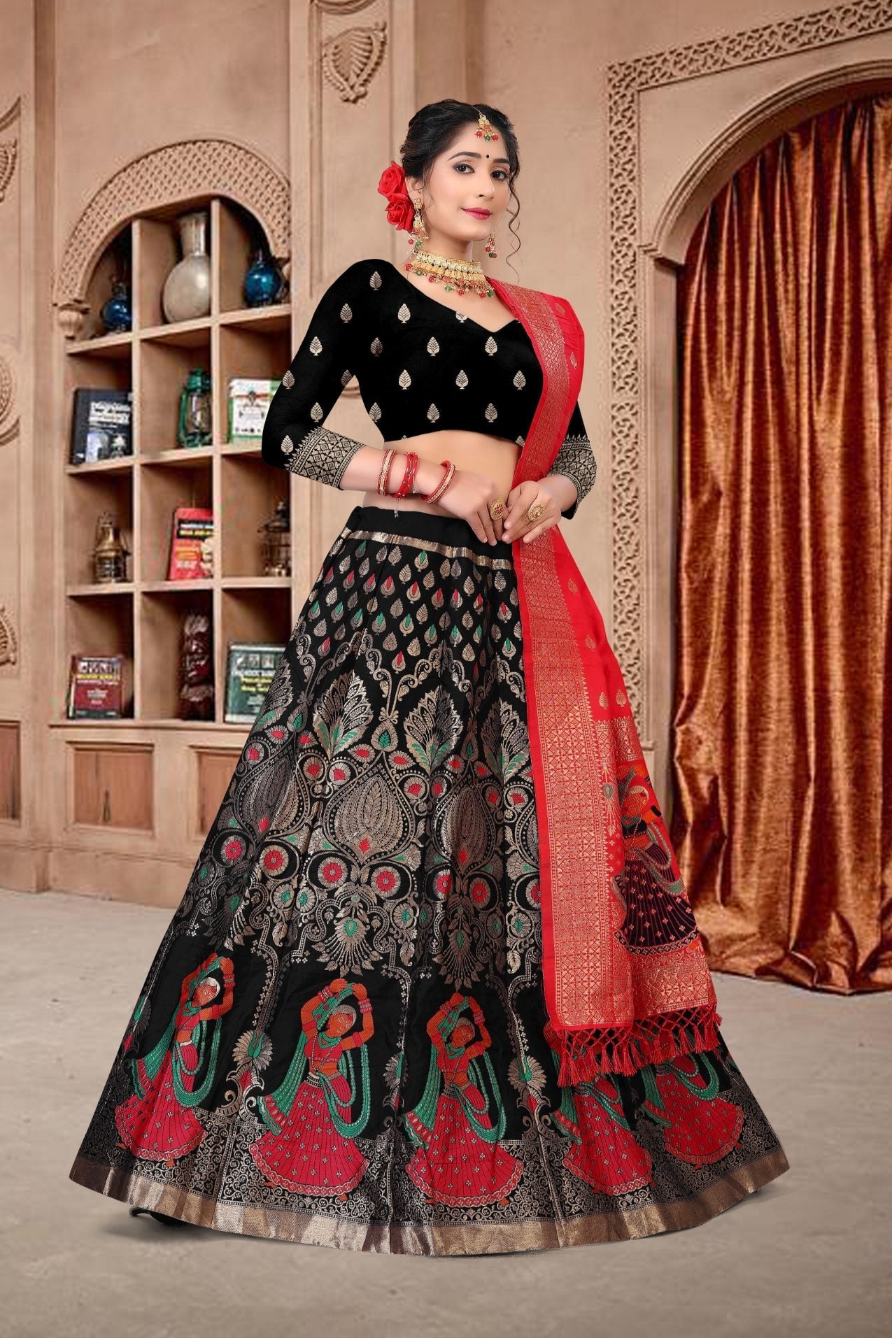 Jyoti Fashion Women's Black Jacquard Zari Woven Designer Lehenga Choli Set | Swadesiicart