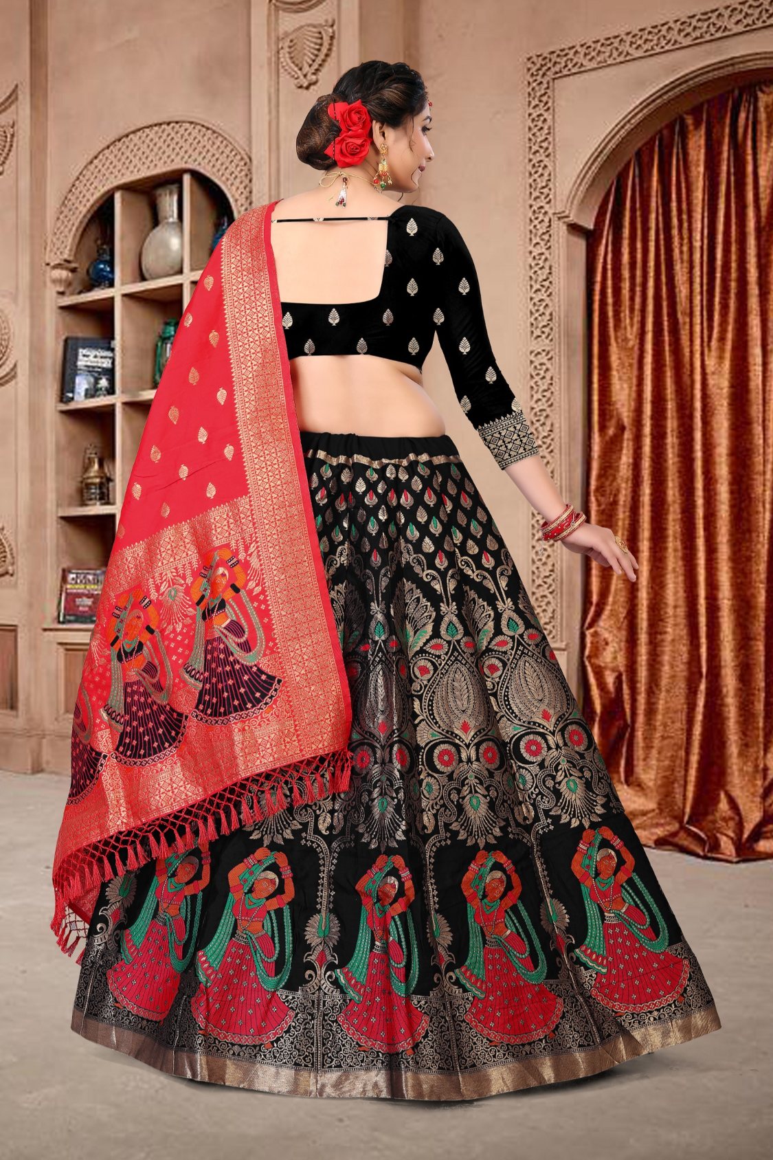 Jyoti Fashion Women's Black Jacquard Zari Woven Designer Lehenga Choli Set | Swadesiicart