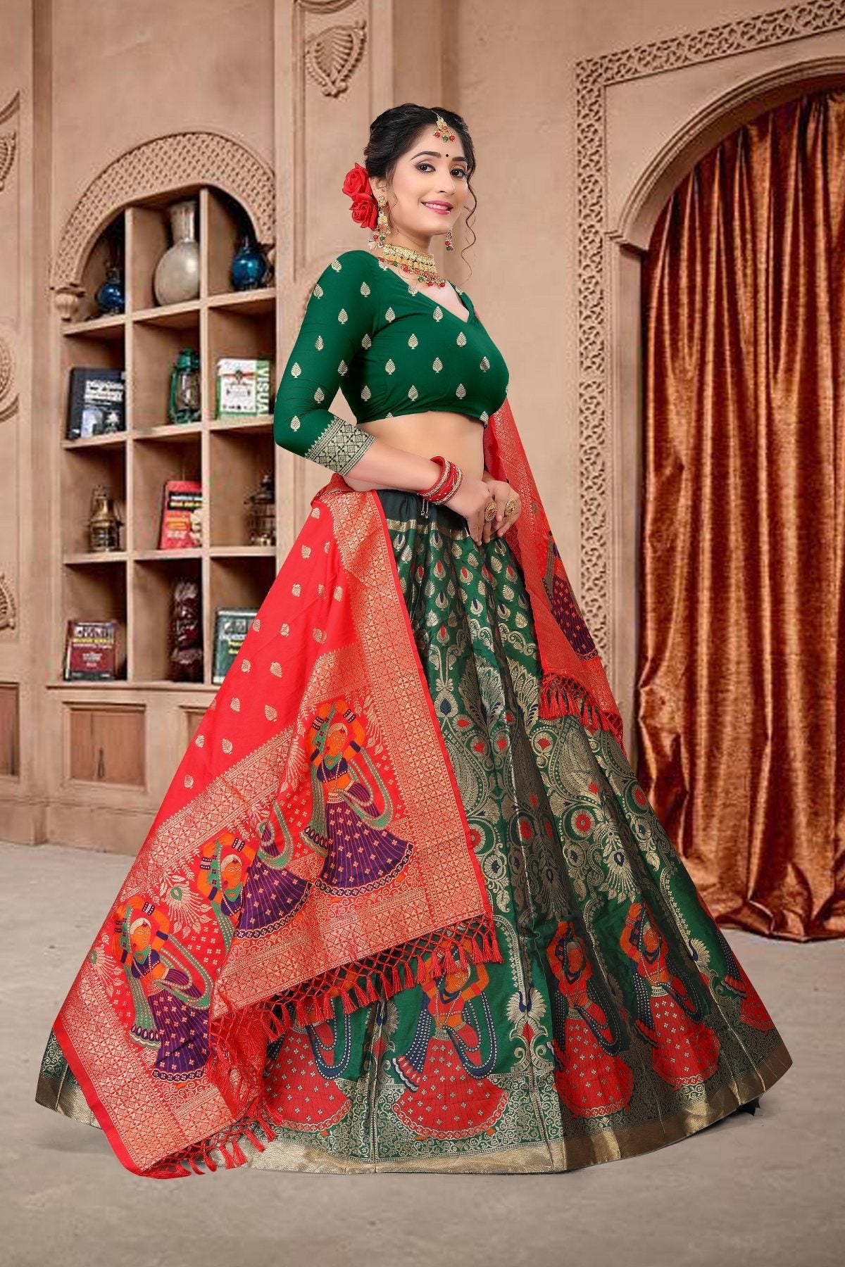Jyoti Fashion Women's Dark Green Jacquard Zari Woven Designer Lehenga Choli Set | Swadesiicart