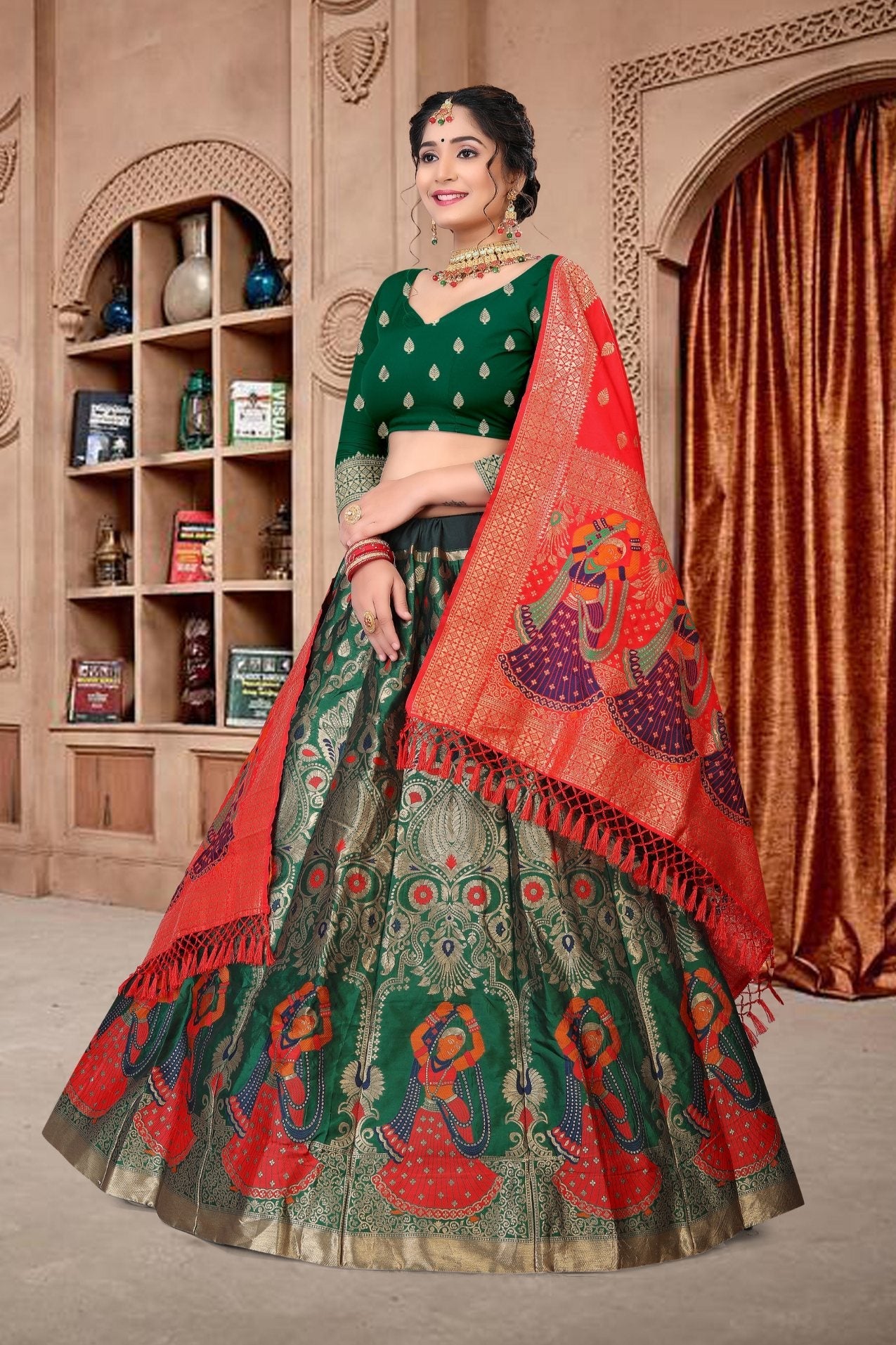 Jyoti Fashion Women's Dark Green Jacquard Zari Woven Designer Lehenga Choli Set | Swadesiicart