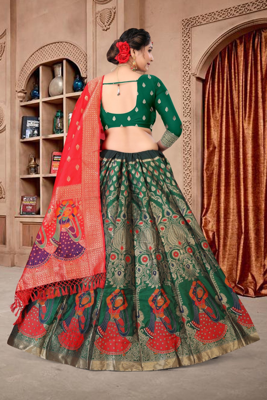 Jyoti Fashion Women's Dark Green Jacquard Zari Woven Designer Lehenga Choli Set | Swadesiicart