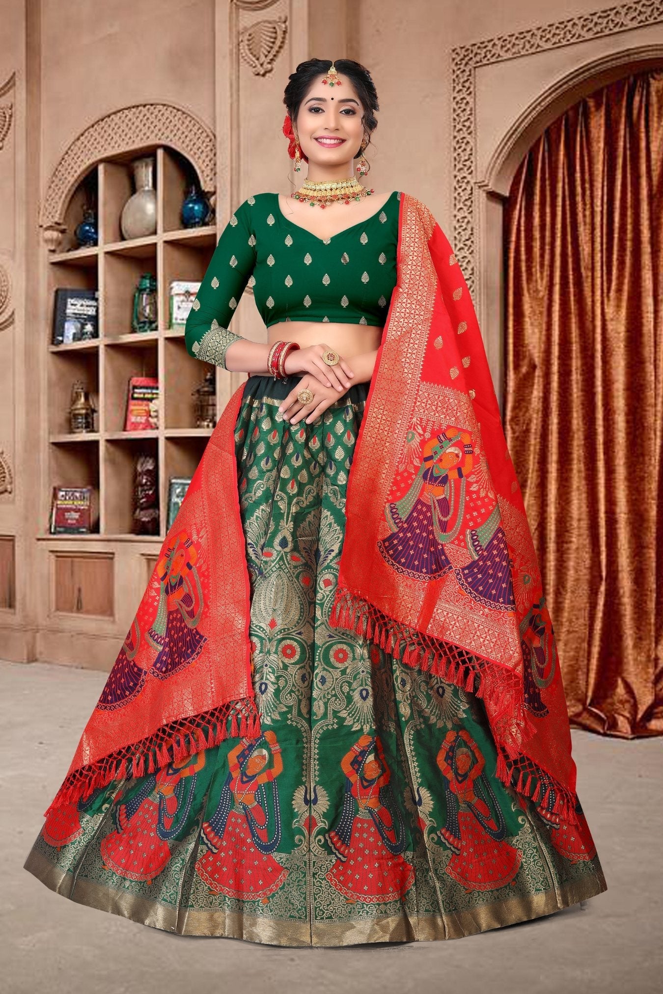 Jyoti Fashion Women's Dark Green Jacquard Zari Woven Designer Lehenga Choli Set | Swadesiicart